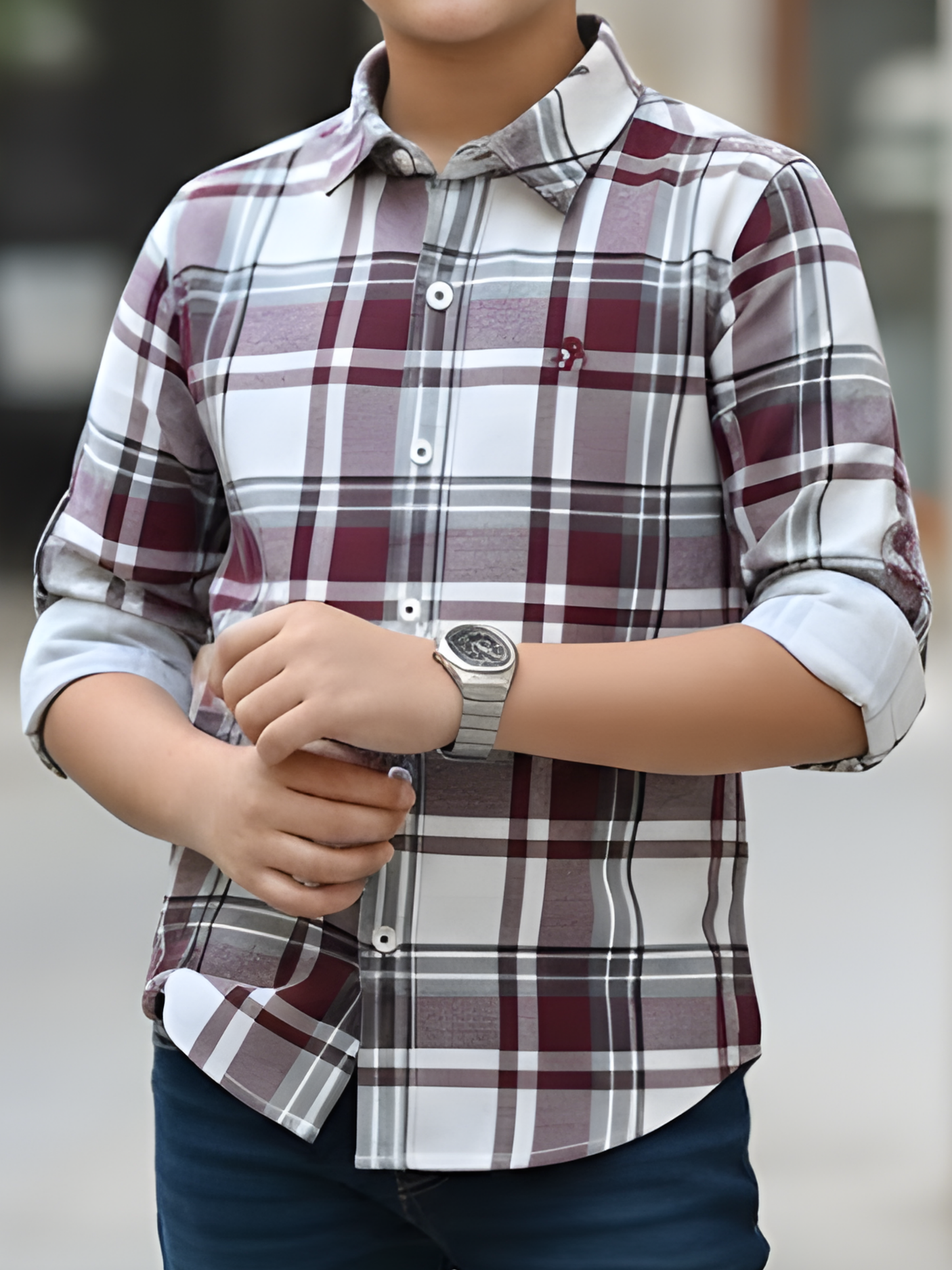 Boys Maroon and Grey Plaid Check Casual Shirt