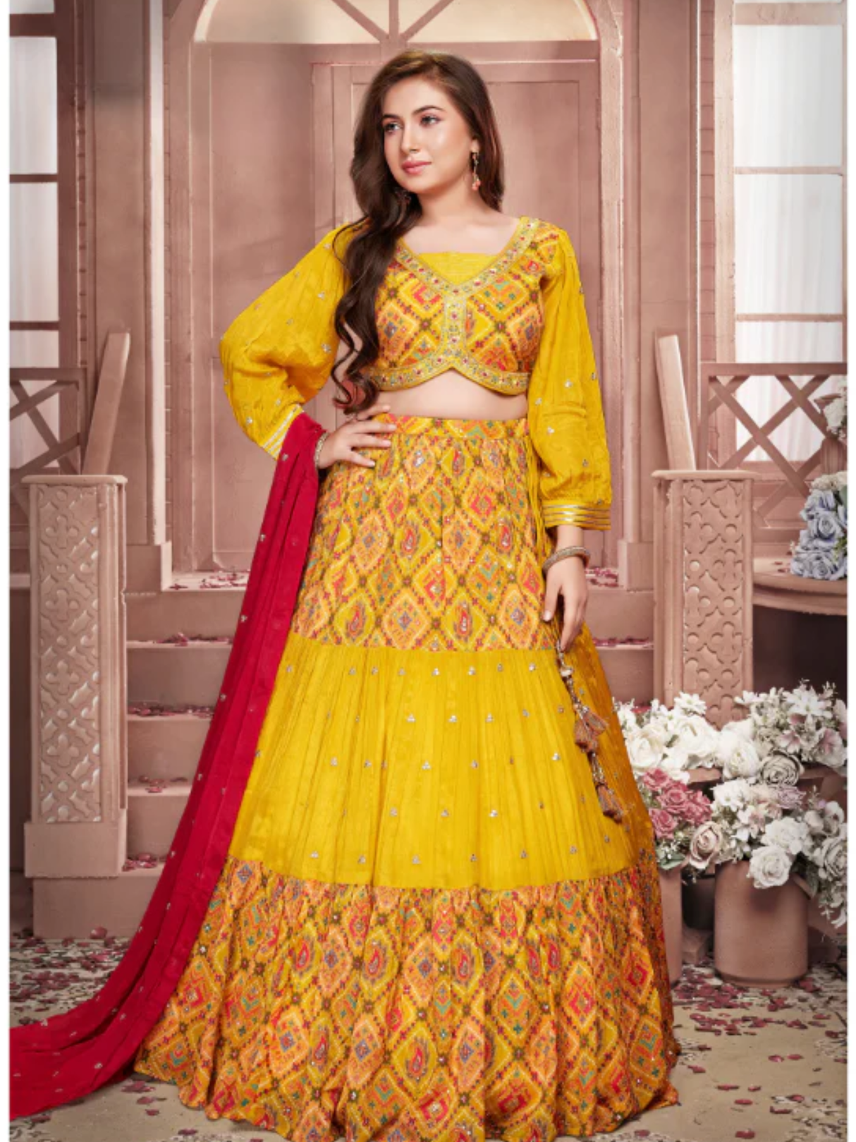 Girls Mustard Yellow Patola Print Lehenga Choli Set