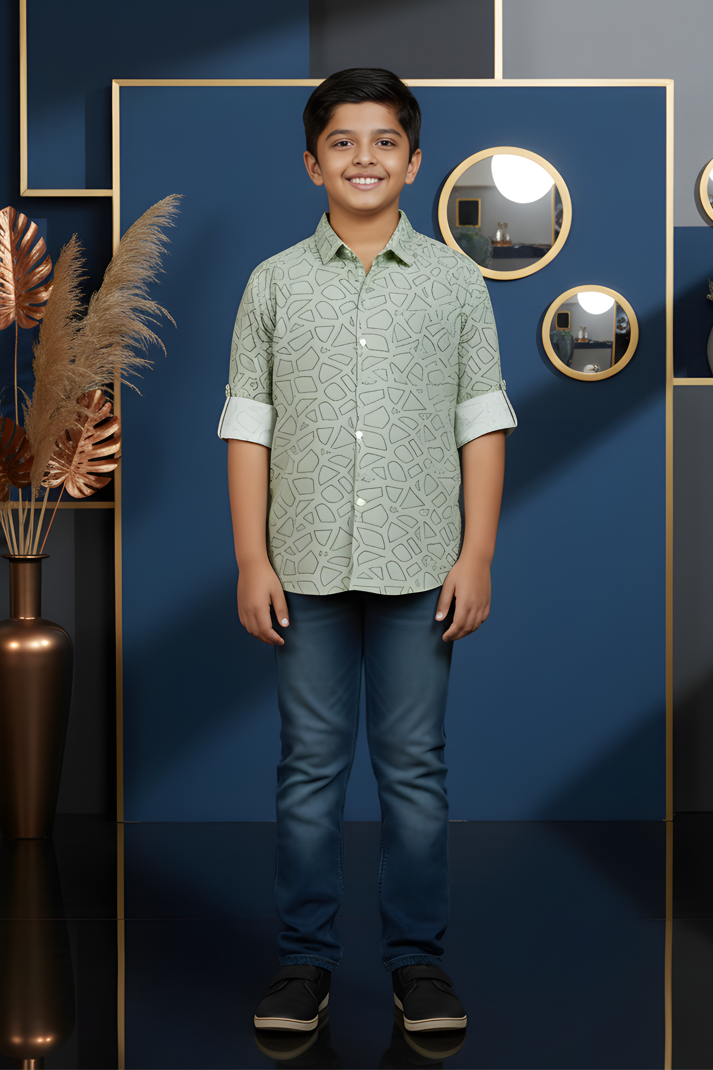 Boy's Sage Green Geometric Print Casual Shirt