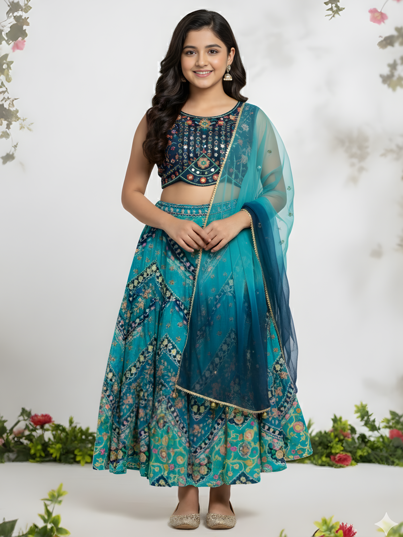 Girls' Navy Blue Embroidered Choli, Teal Print Lehenga & Ombre Dupatta Set