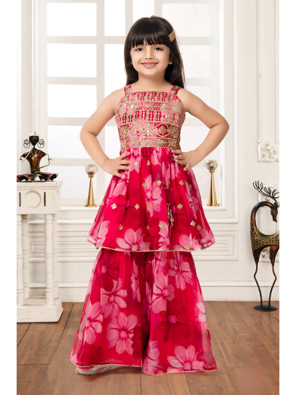Girls Traditional Sleeves Less Sharara Set
