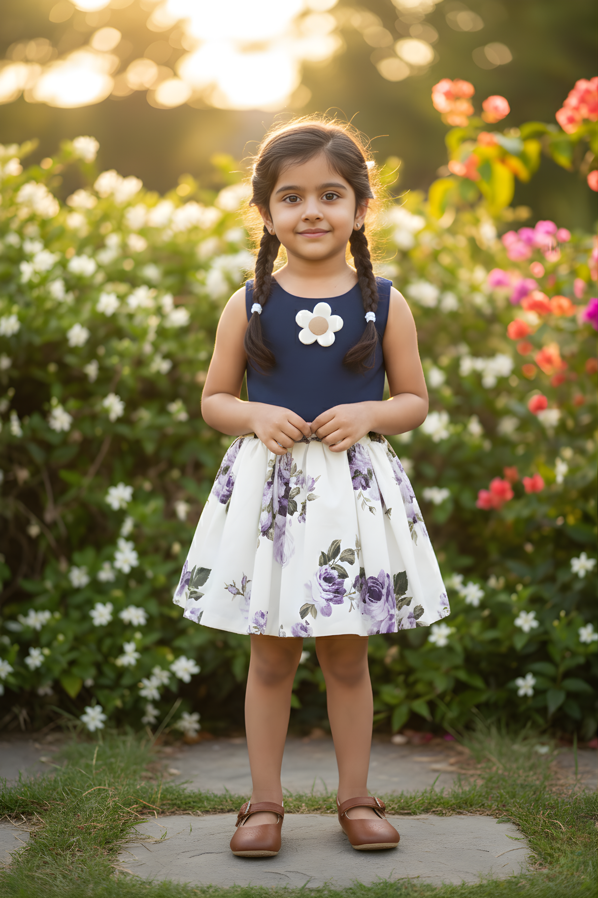 Navy & Cream Floral Cropped Top and Skirt Set for Girls