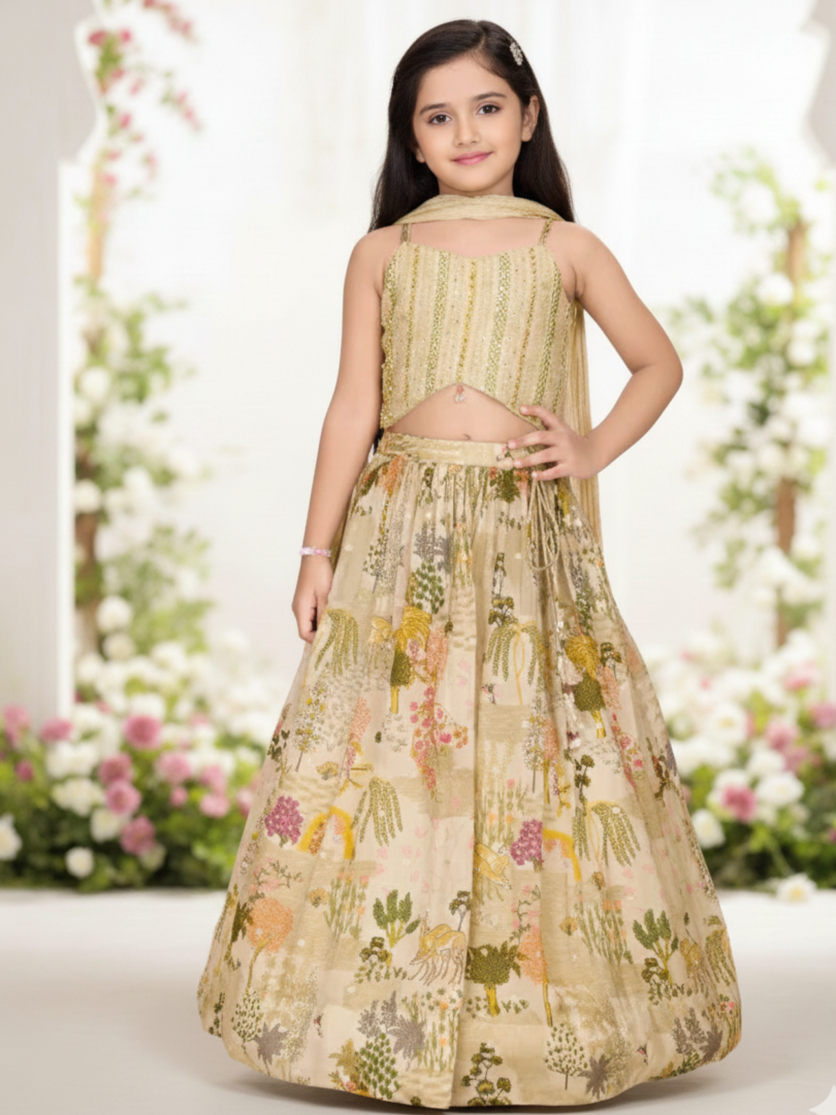 Girls' Fawn & Gold Embroidered Lehenga Choli with Khidki-Print Skirt.