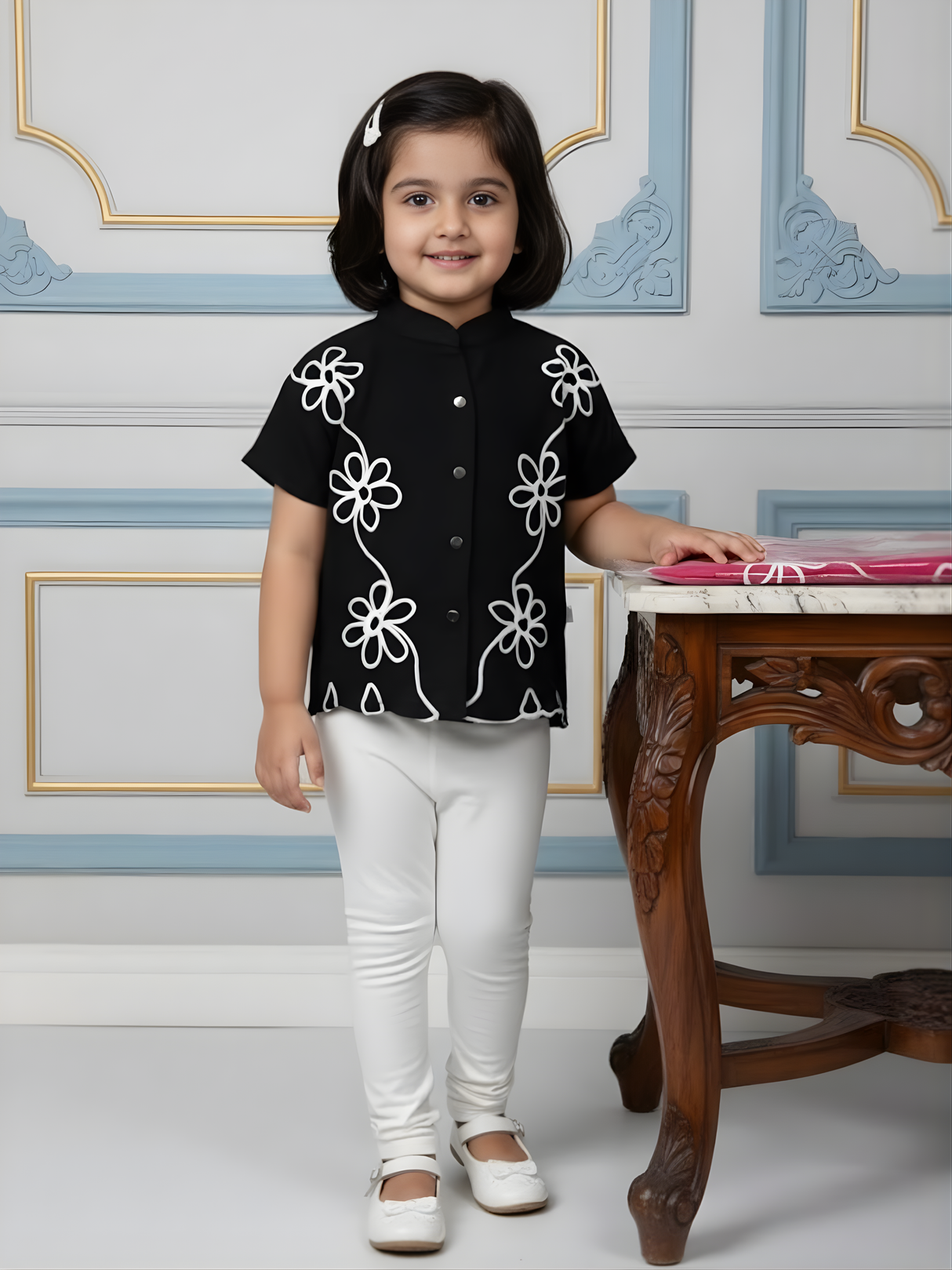 Girls Black Mandarin Collar Shirt with White Floral Embroidery