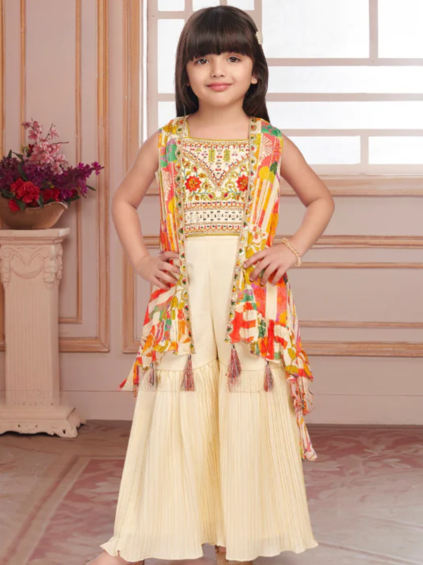 Girls Traditional Sleeves Less Sharara Set - Cream