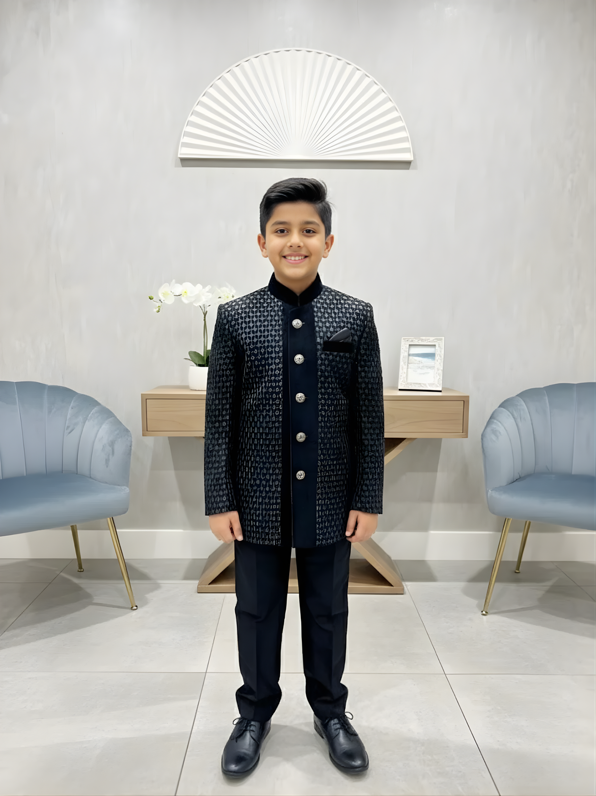 Boys' Black Patterned Indo-Western Suit with Velvet Accents