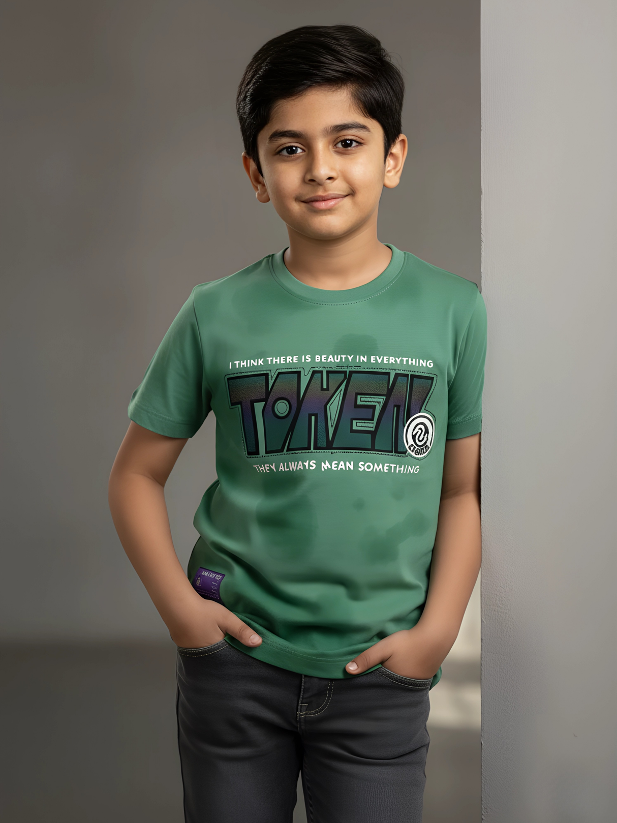 Kids' 'Token' Statement Graphic T-Shirt - Dual-Tone Green Tie-Dye.