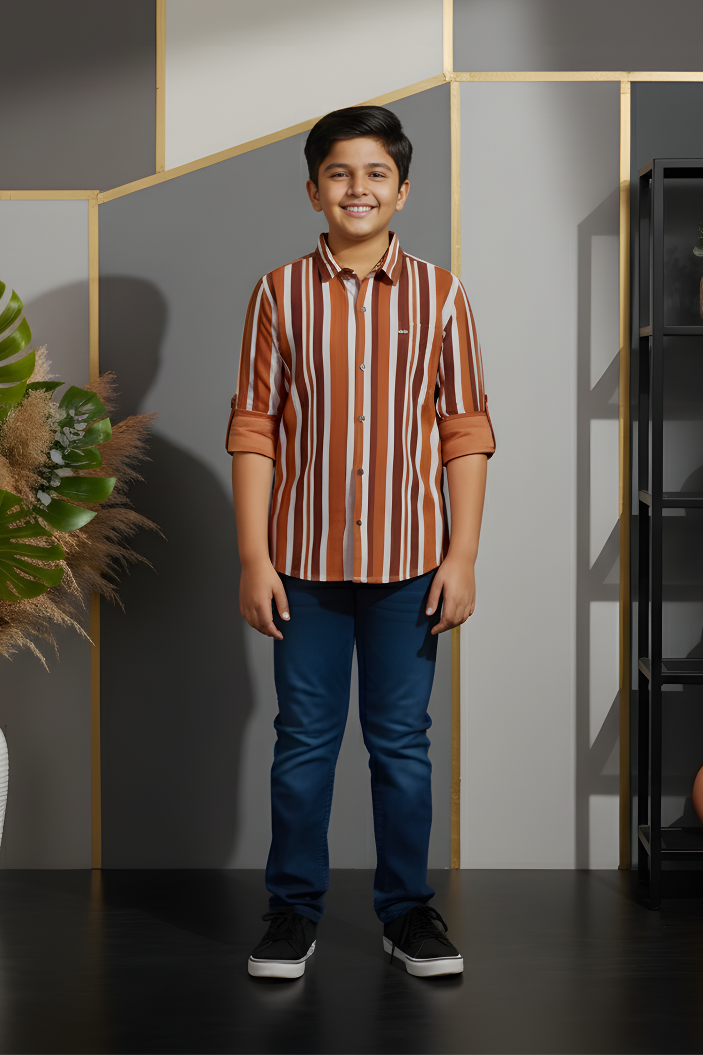 Boys' Contemporary Casual Shirt in Rust Brown and White Vertical Stripes