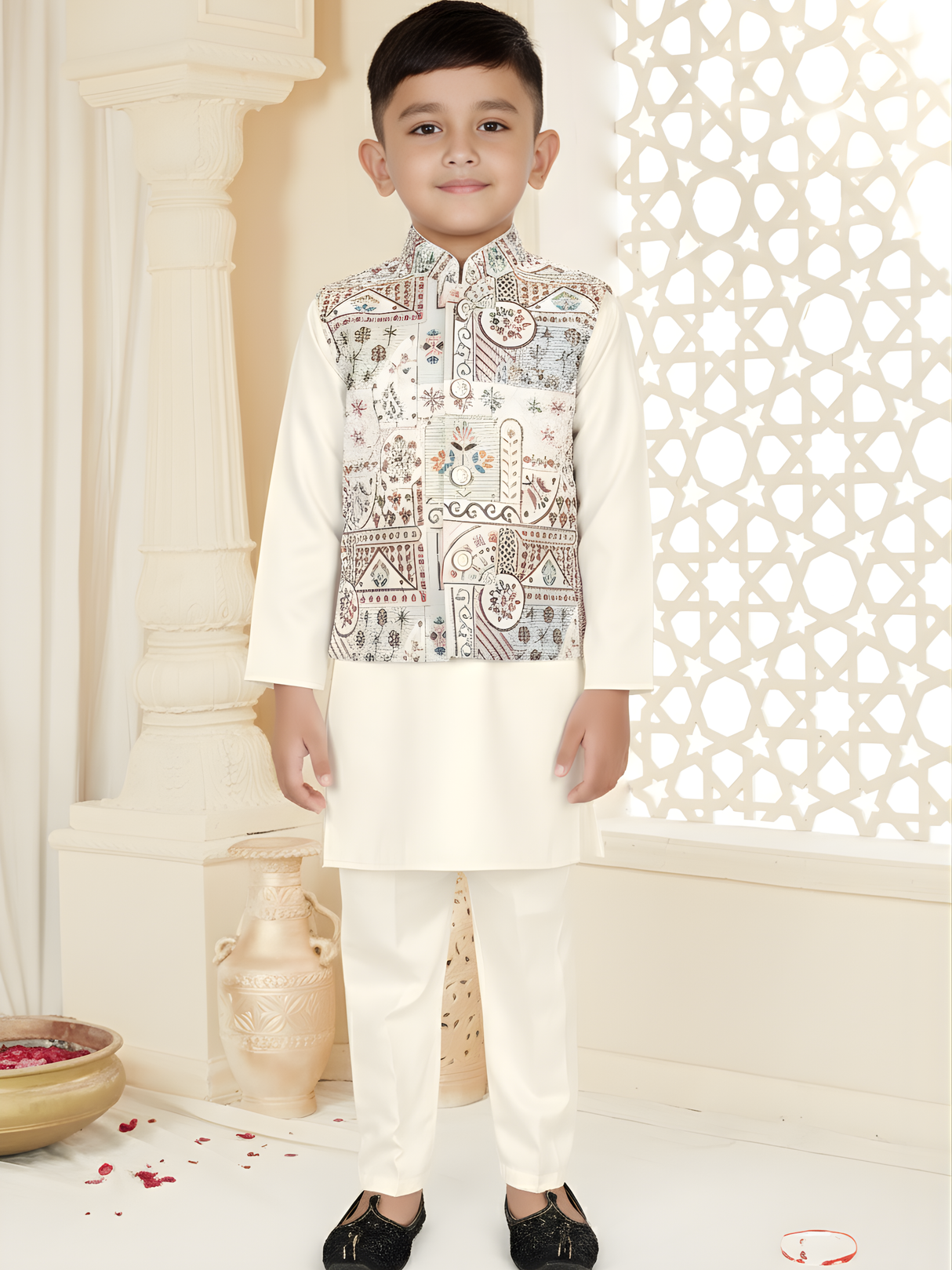 Boy's Cream Kurta Set with Multicolor Printed Nehru Jacket