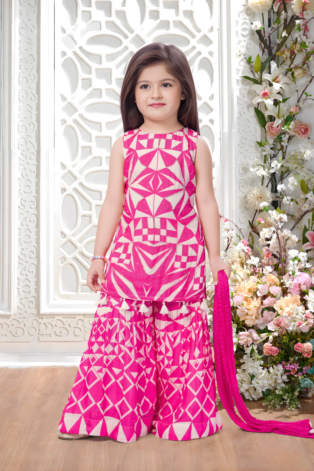 Girls' Hot Pink Geometric Print Sleeveless Sharara Set