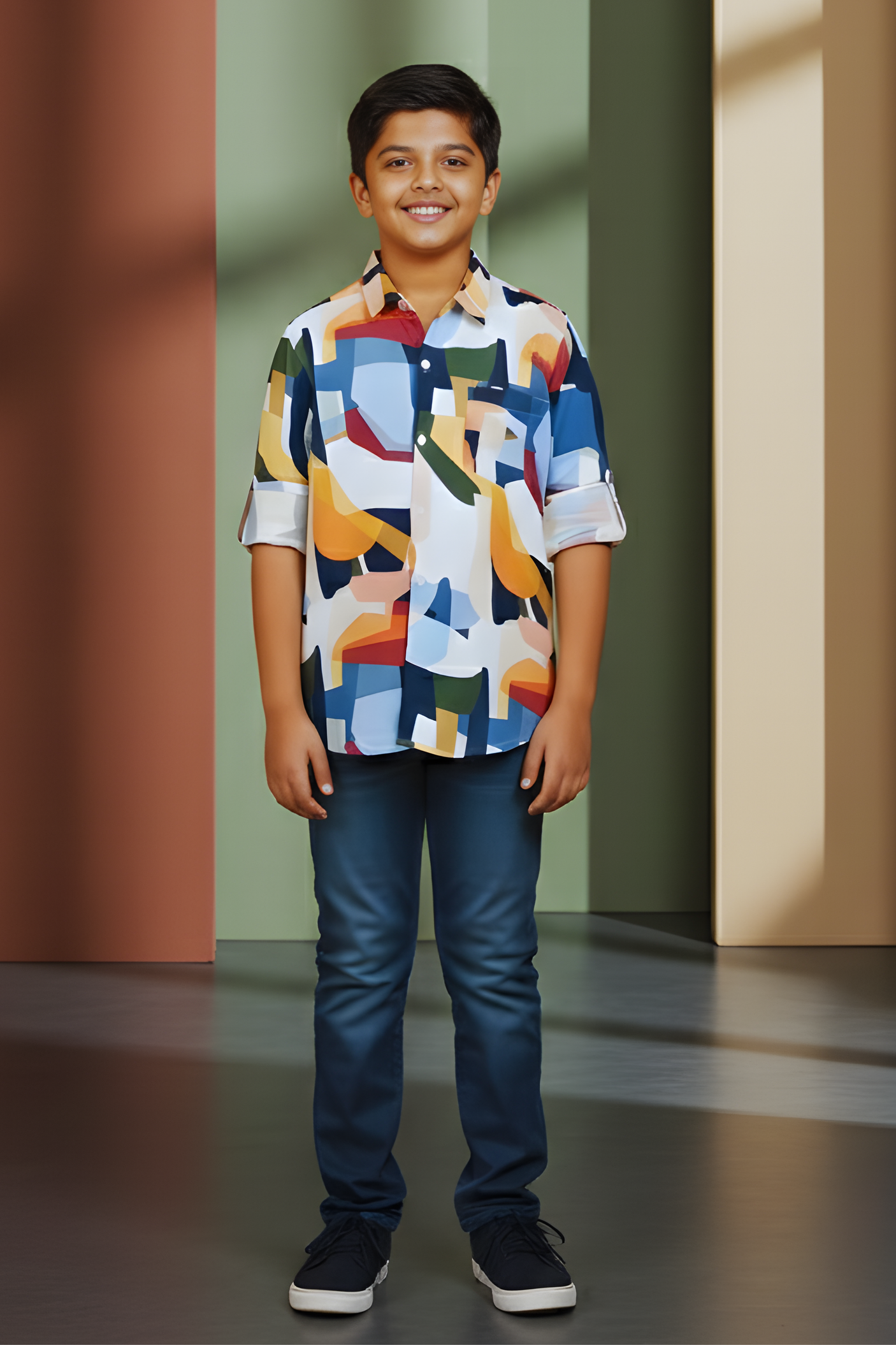 Boys' Trendy Multi-Color Abstract Geometric Print Casual Full-Sleeve Shirt