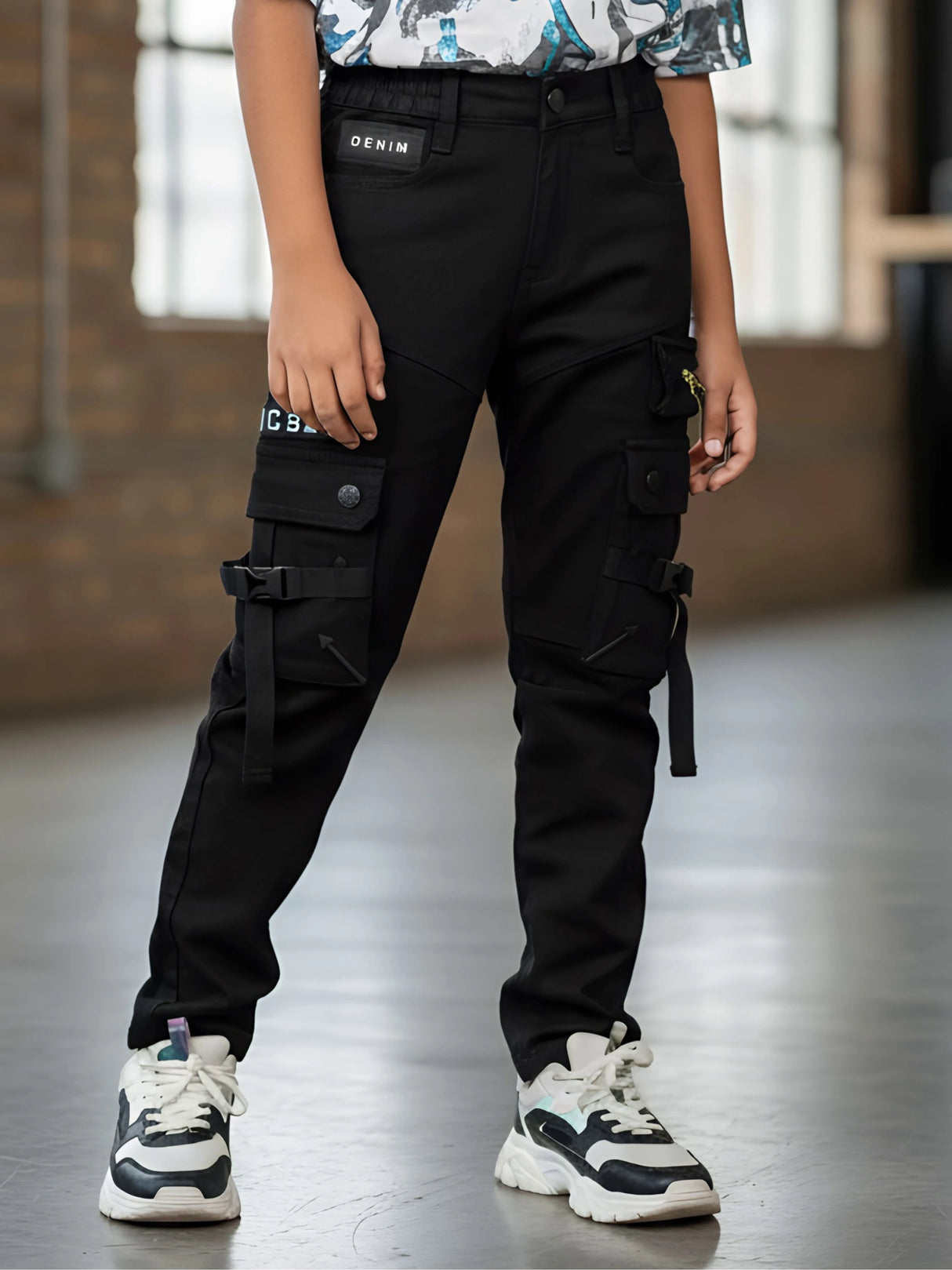 Boys' Slim-Fit Black Tactical Cargo Pants