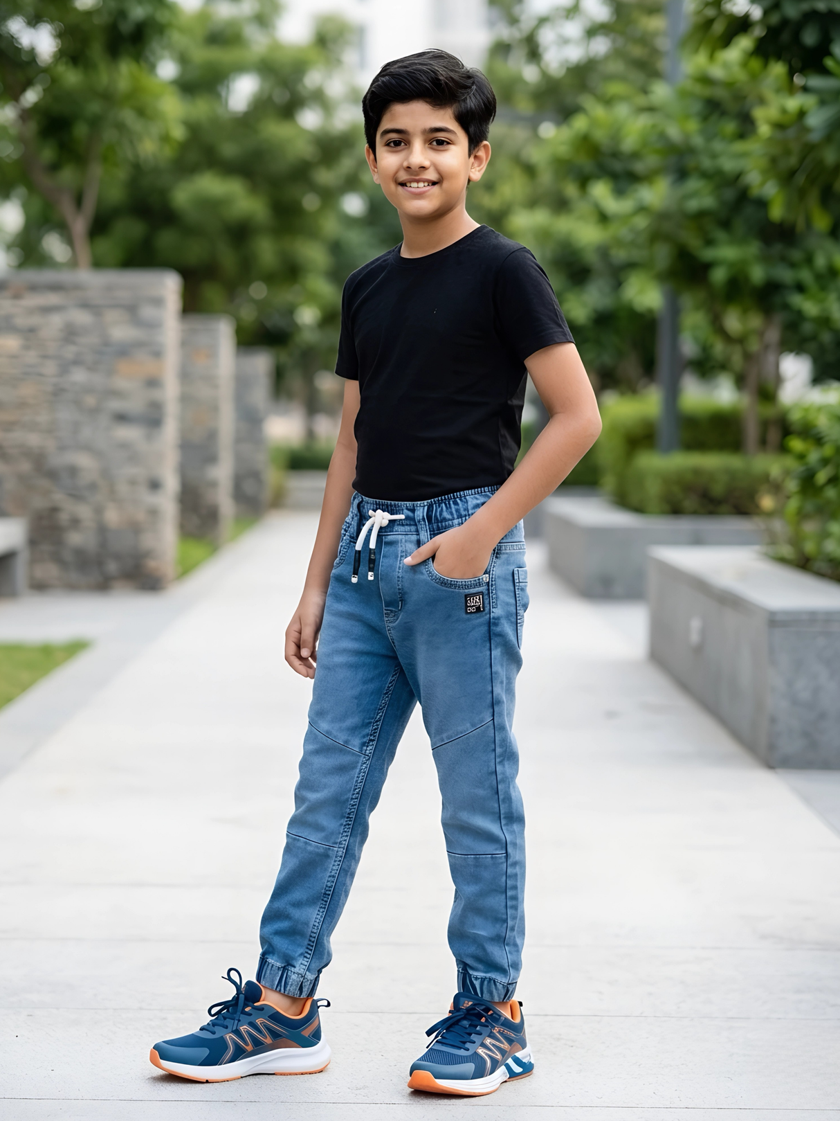 Boys' Dark Blue Melange Fleece Joggers with Neon Yellow Drawstring