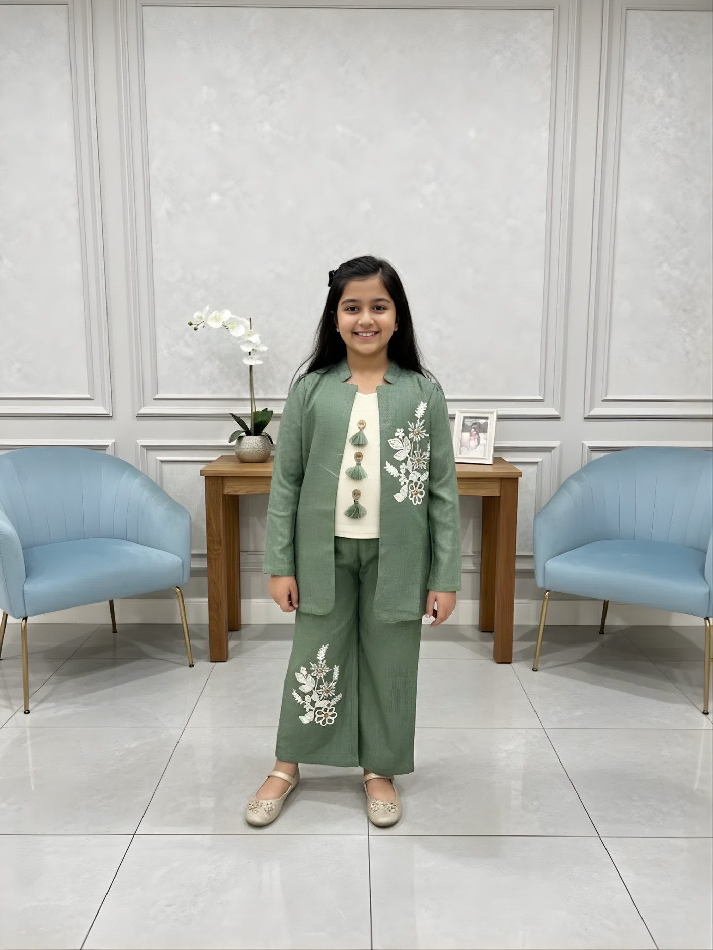 Girls' Sage Green Embroidered Pant Set with Longline Jacket