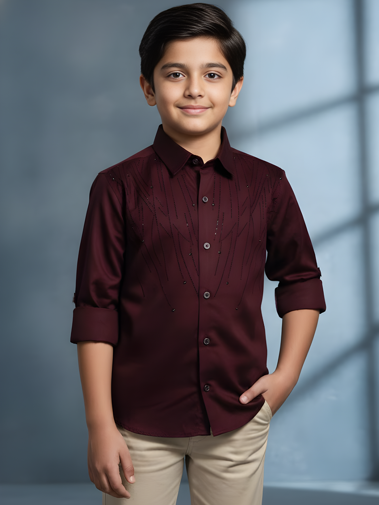 Boys Maroon Embroidered Slim-Fit Party Wear Shirt