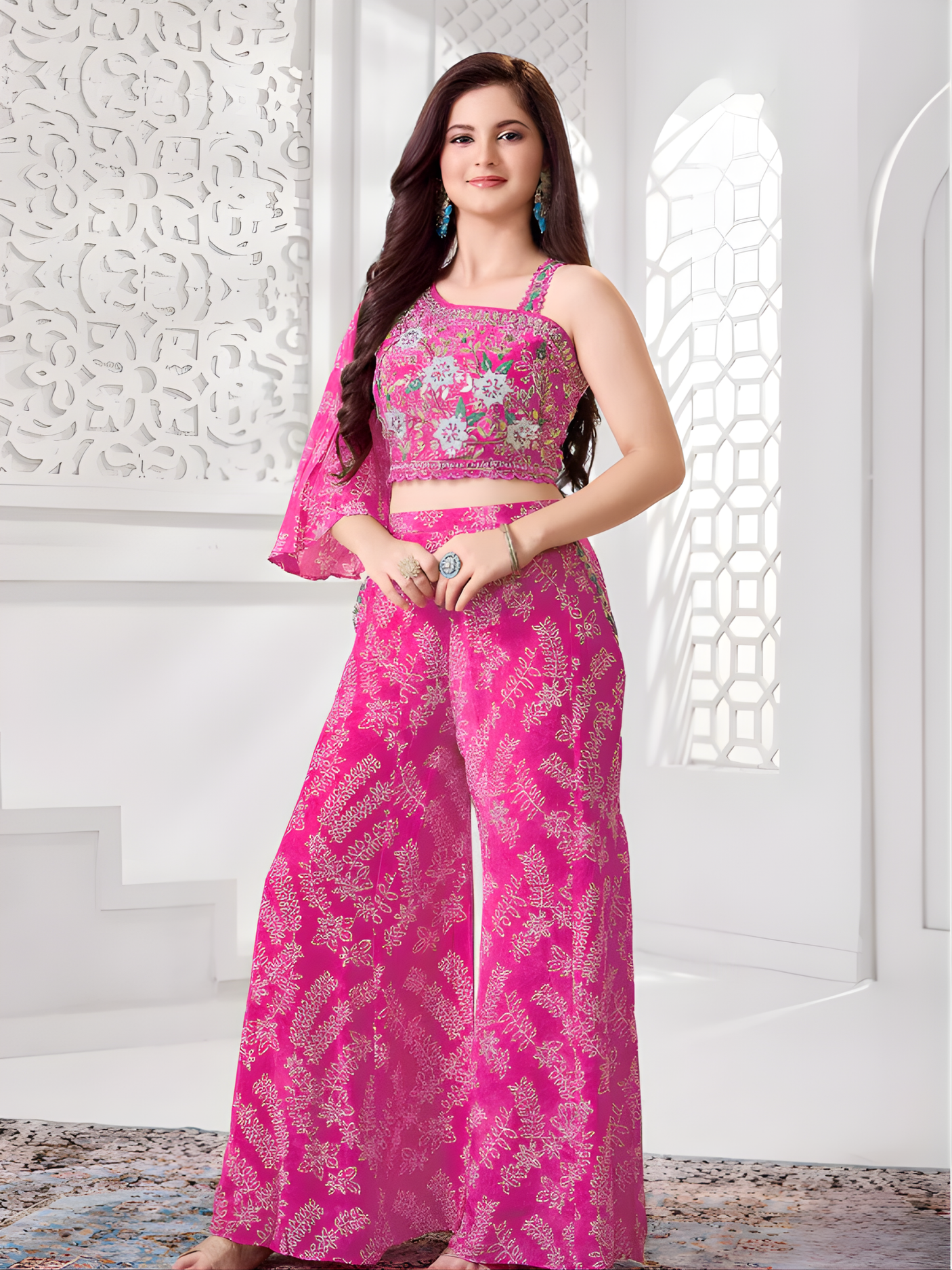 Girls Pink One-Shoulder Crop Top Palazzo Suit with Embroidery