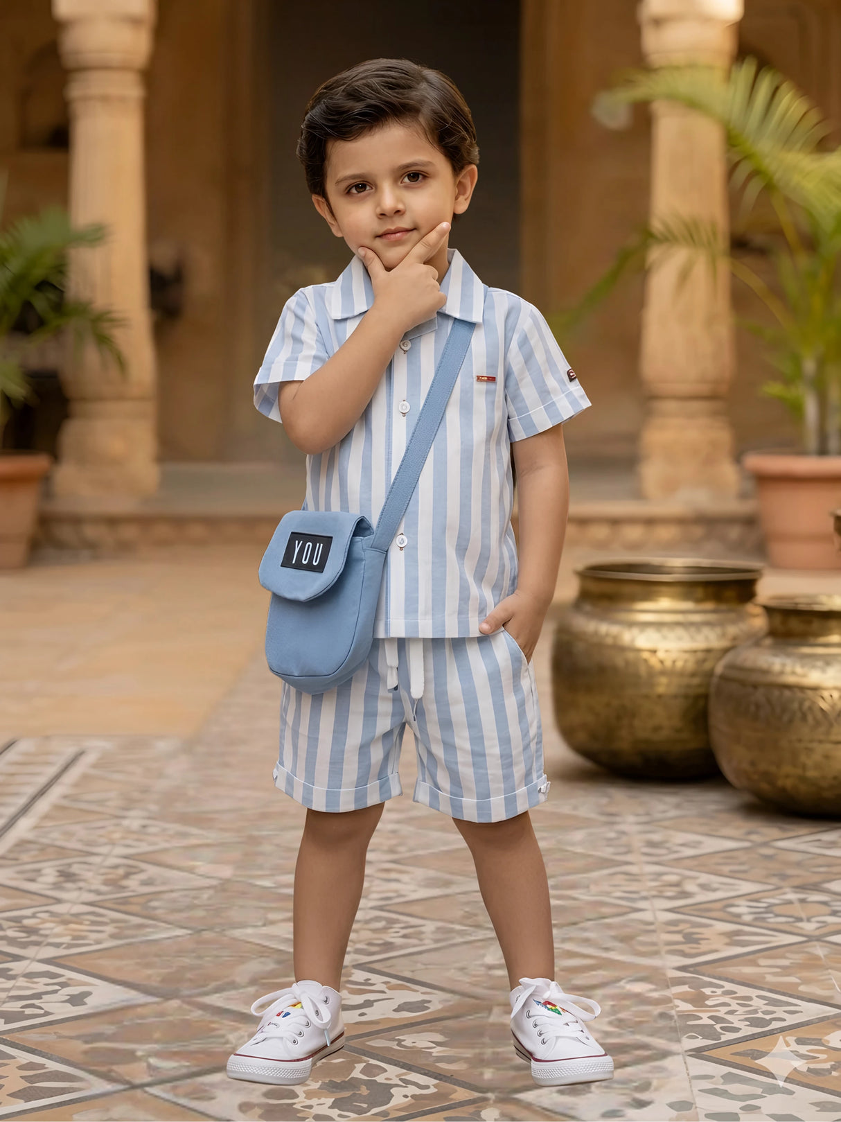 Light Blue Vertical Stripe Coordinate Set with Crossbody Bag