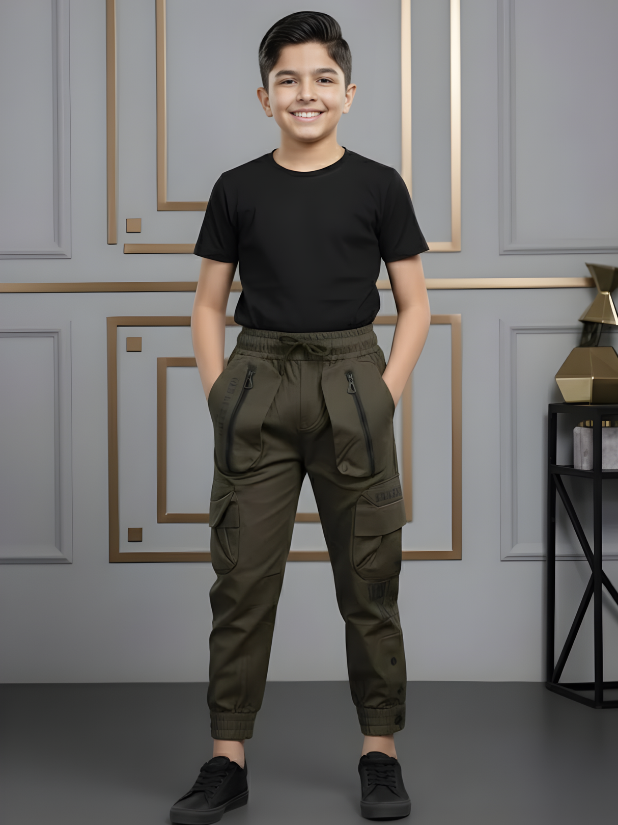Boys' Olive Green Multi-Pocket Tactical Track Pants
