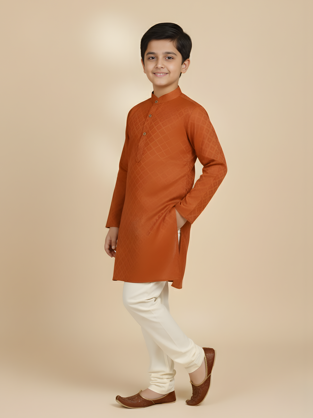 Boys Traditional Printed Chudidar Kurta Set - Orange