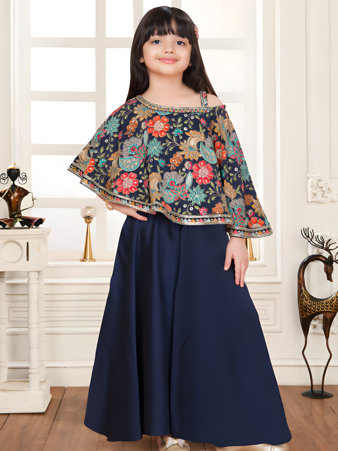 Girls' Embroidered Floral Cape Top and Palazzo Set (Navy Blue)