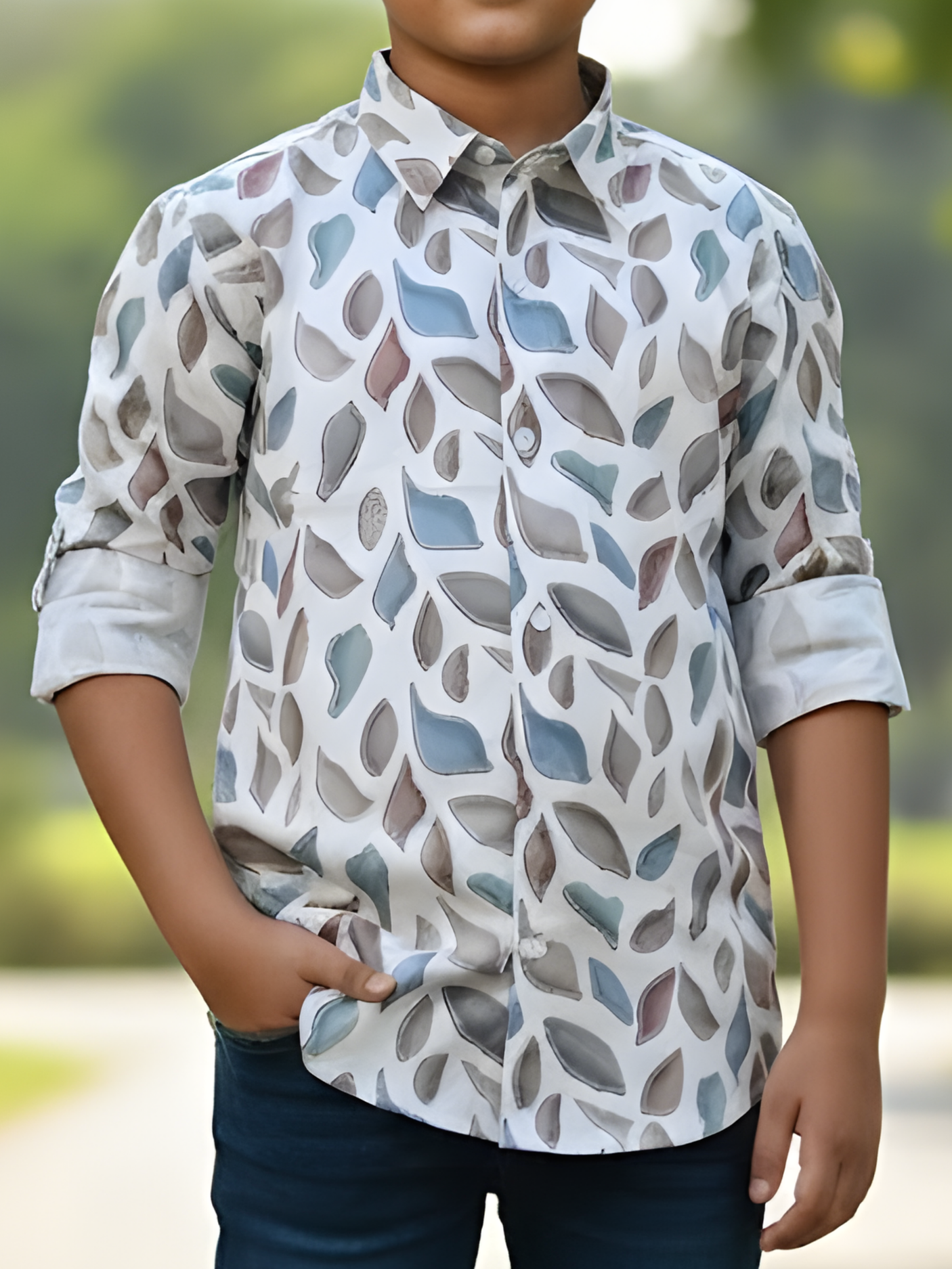 Boys White Mosaic Leaf Print Cotton Casual Shirt