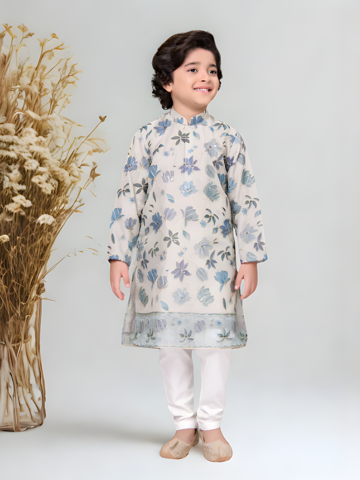 Boys' Cream & Blue Floral Embroidered Kurta Pajama Set.