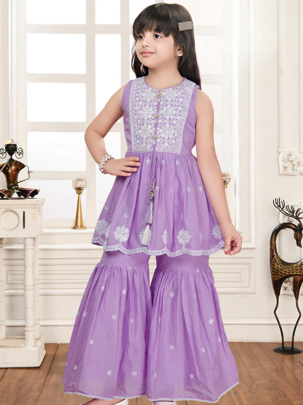 Girls' Elegant Lilac/Lavender Sharara Set with White Chikankari Embroidery