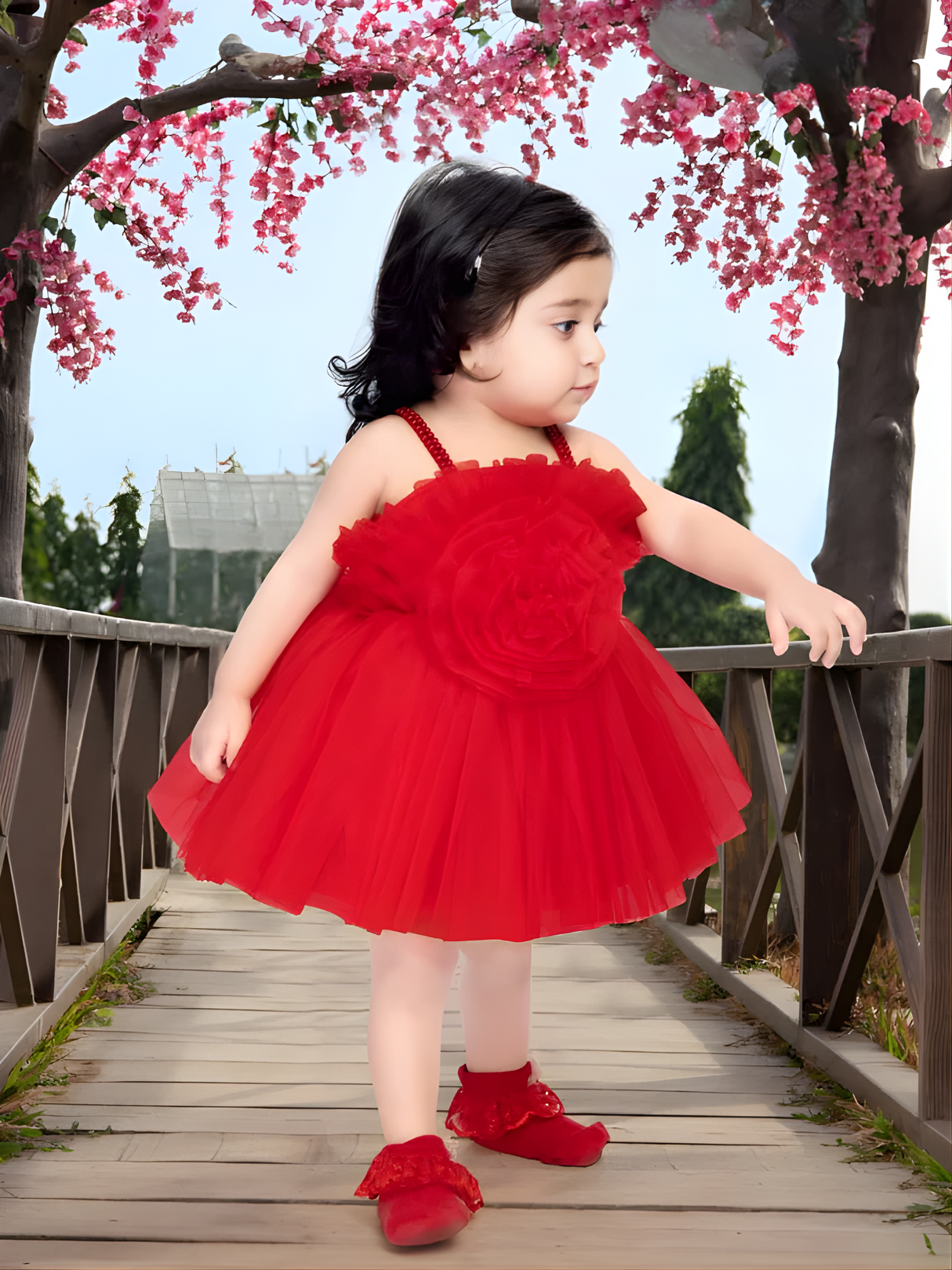 Girls Party Plain Regular Party Frock - Red