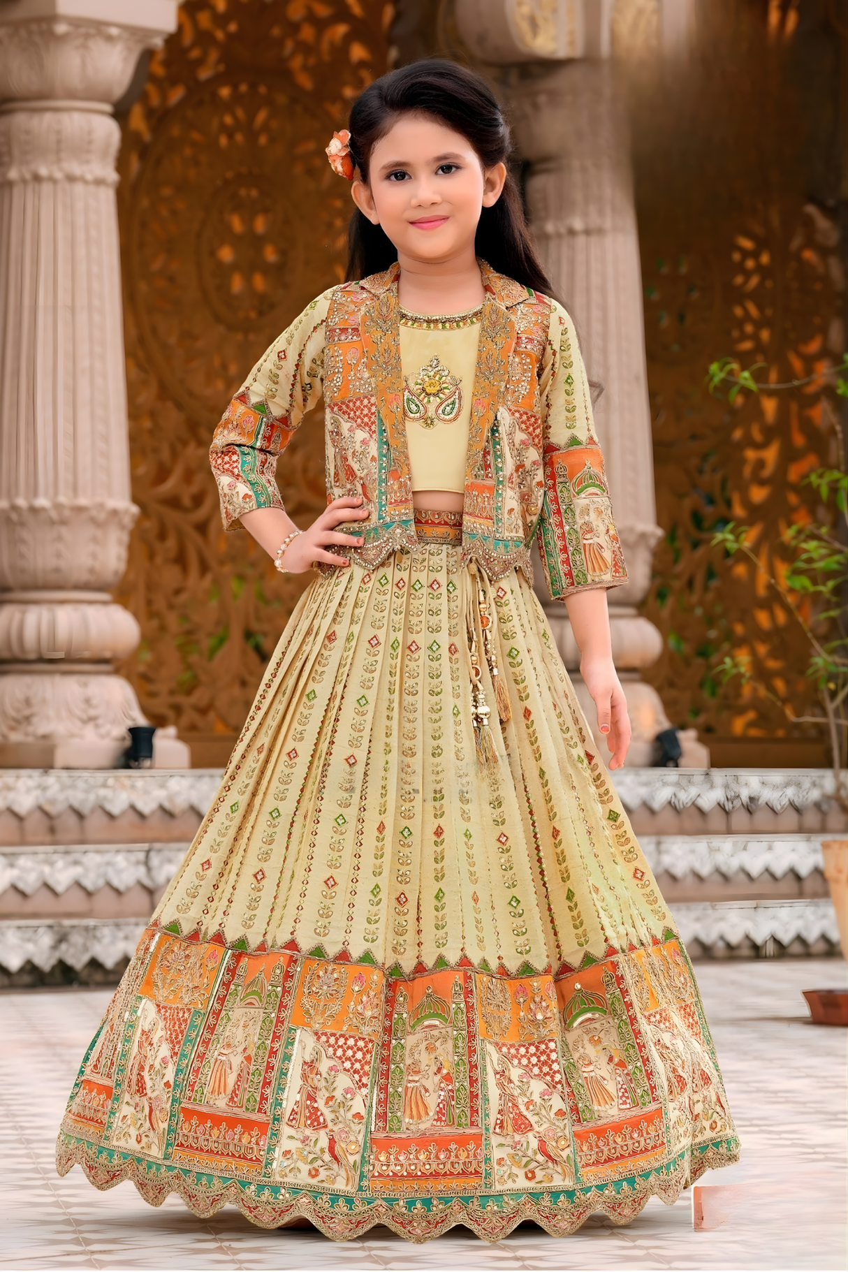 Girls' Elegant Cream & Orange Printed Lehenga Choli with Shrug Jacket