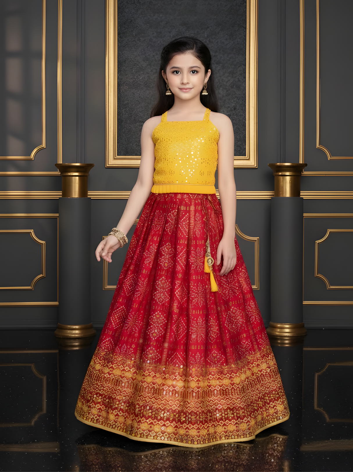 Girls' Bright Floral Print Peplum Lehenga Choli