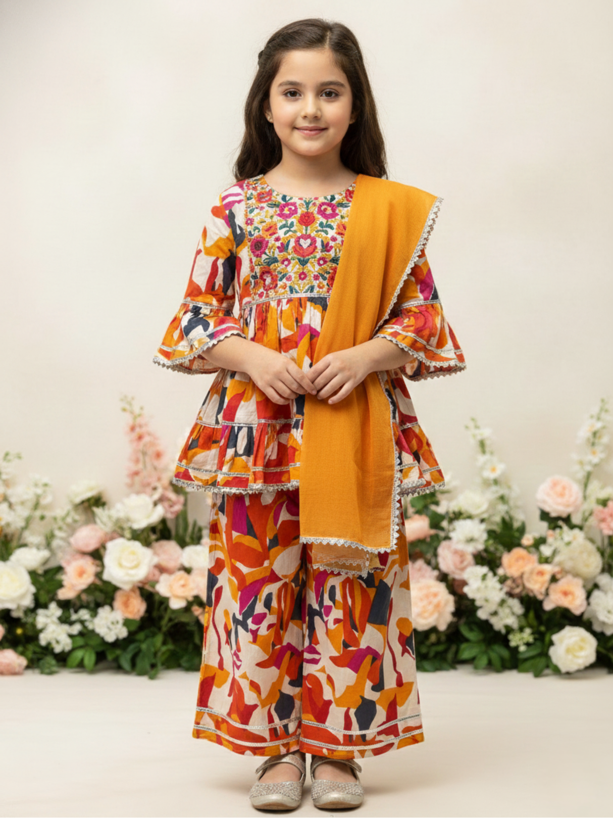 Girls Yellow Ethnic Printed Sharara Suit with Embroidered Kurti & Dupatta