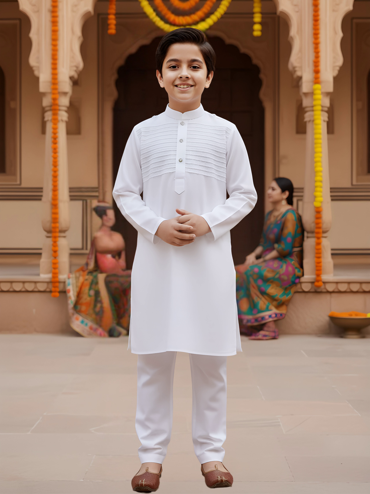 Boys' Elegant White Textured Kurta Set with Pajama