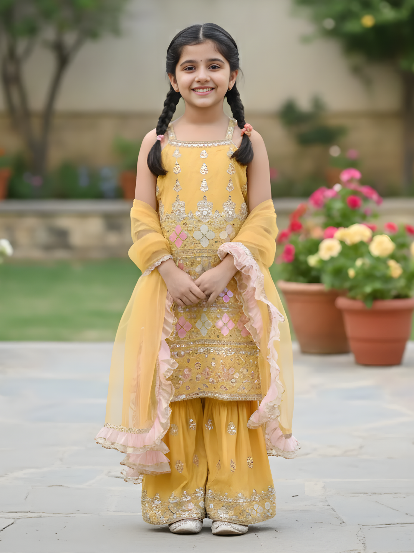 Girls Mustard Yellow Embroidered Sharara Set with Ruffled Dupatta