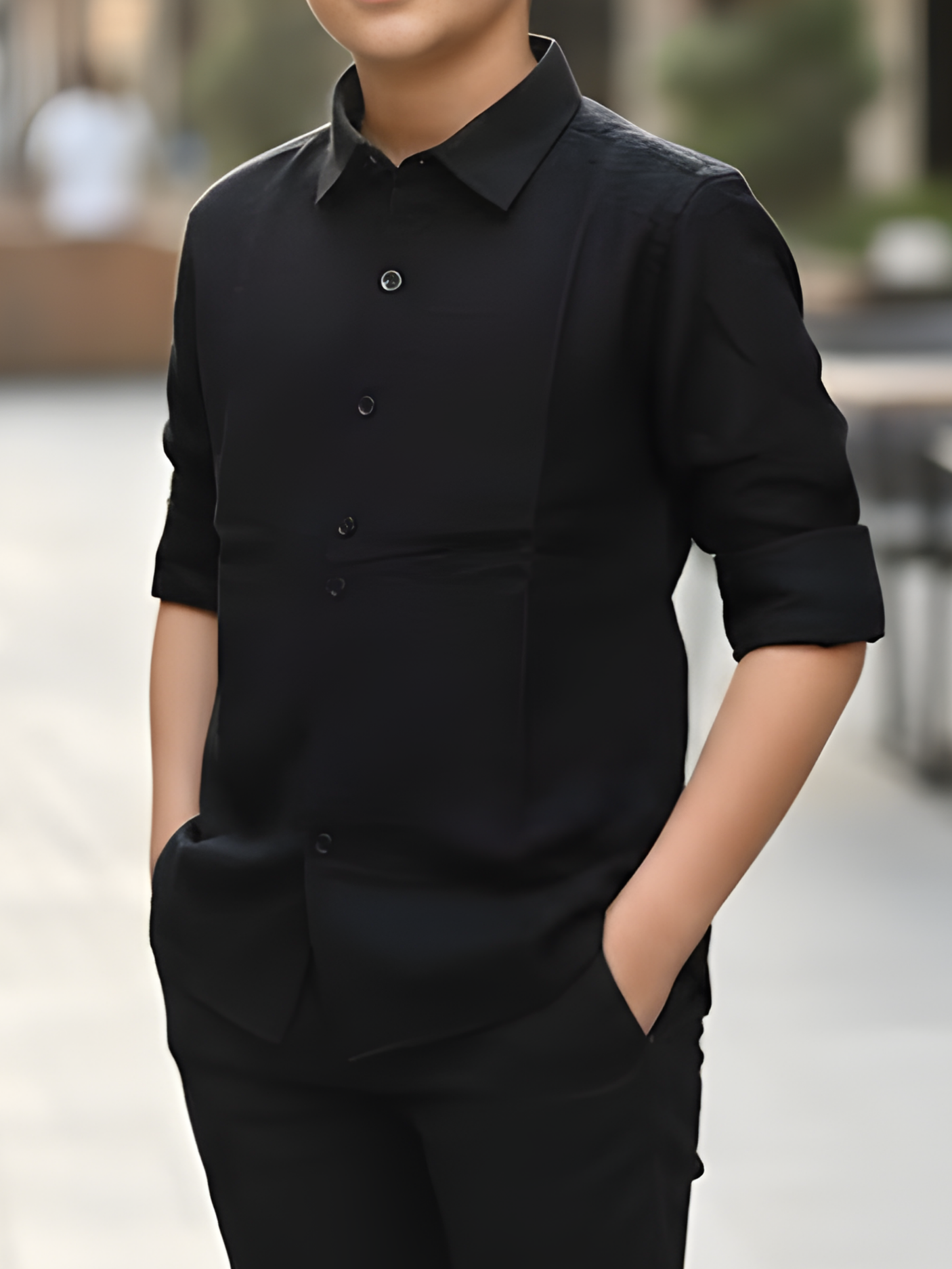 Boys Jet Black Textured Cotton Casual Shirt
