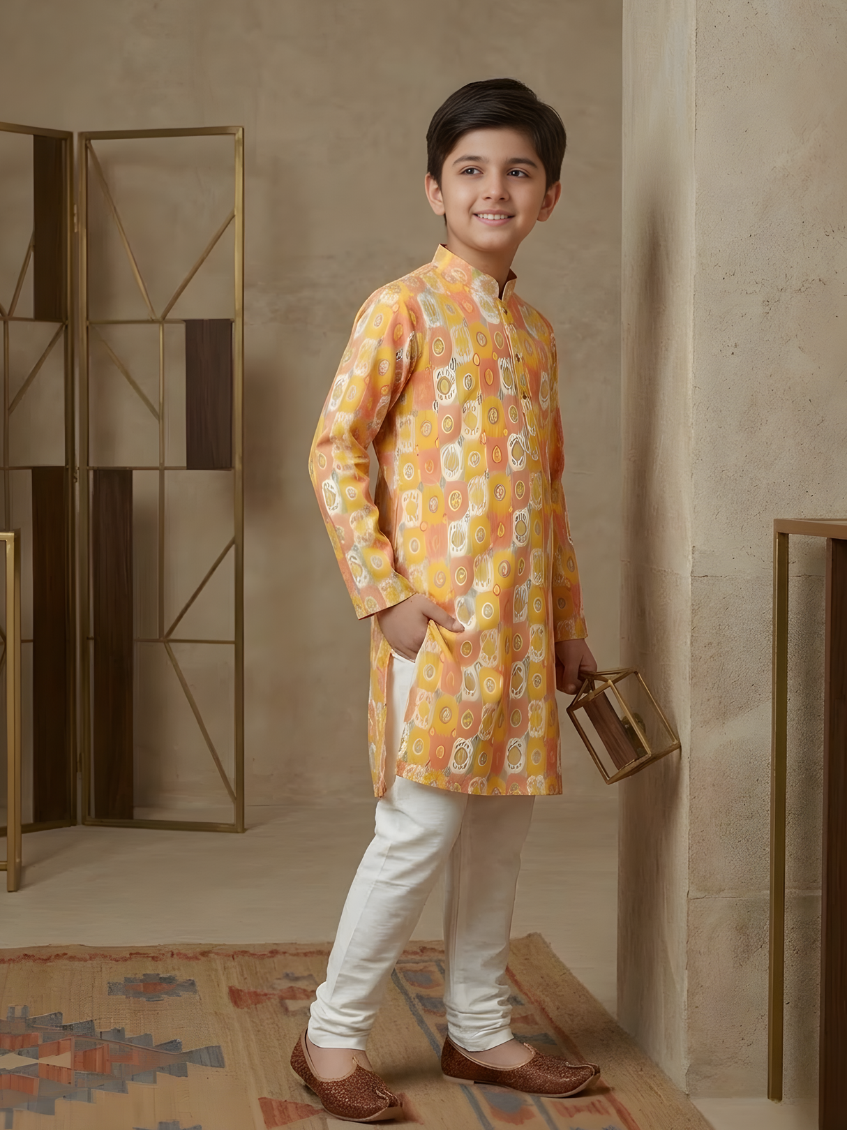 Boys' Yellow & Pink Printed Kurta with Cream Pyjama Set.