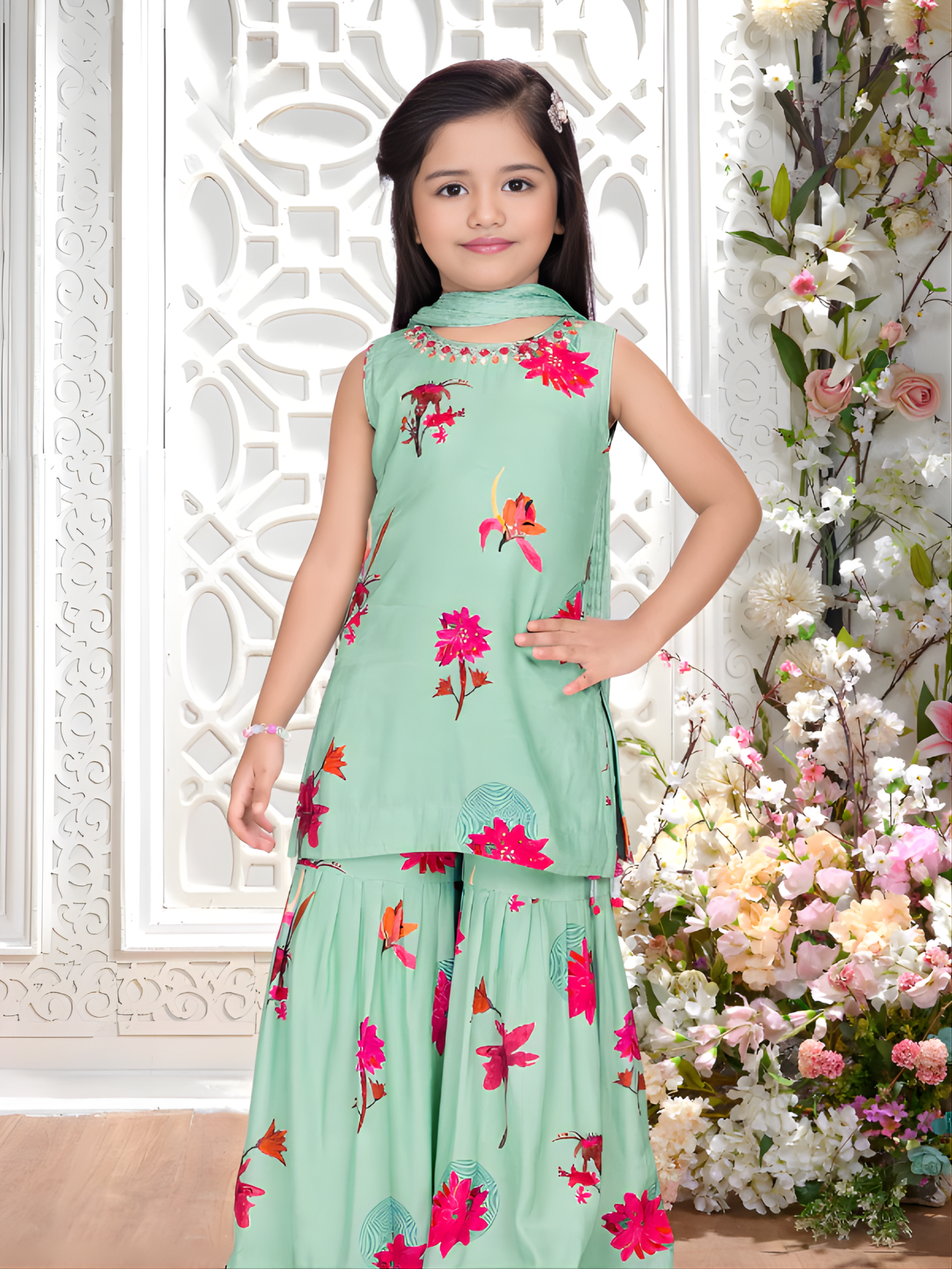 Girls' Green Floral Print Kurta Sharara Set with Dupatta