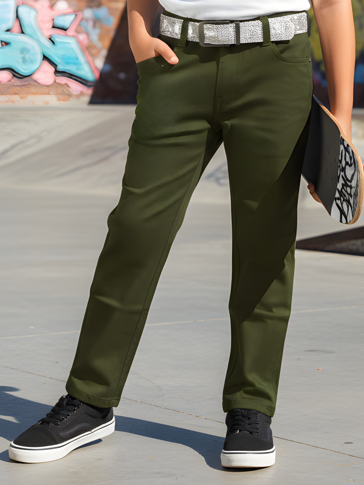 Boys' Classic Olive Green Regular Fit Casual Trousers with Complimentary Belt