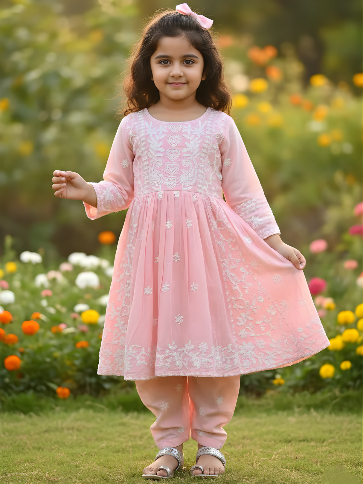Girls' Pastel Pink Embroidered Kurti and Pant Two-Piece Set