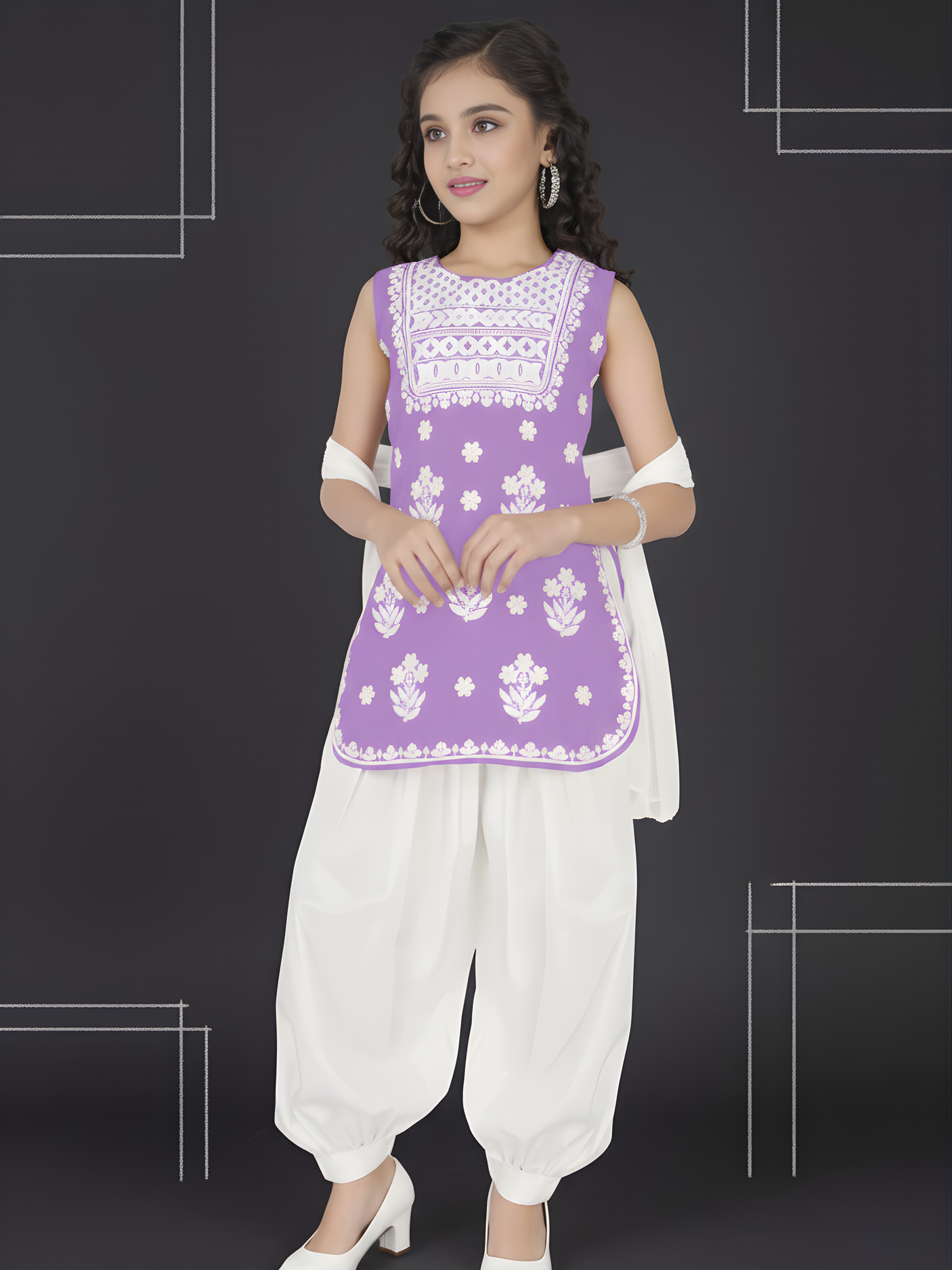 Girls Traditional 3/4th Sleeves Patiala Set - Purple