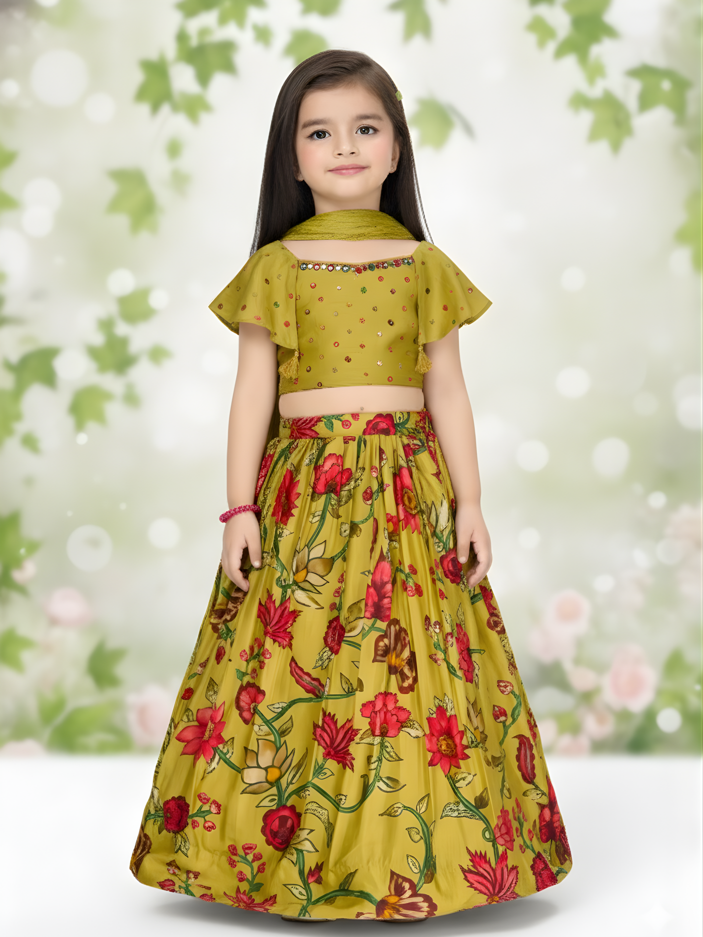 Girls' Green & Red Floral Printed Lehenga Choli Set.