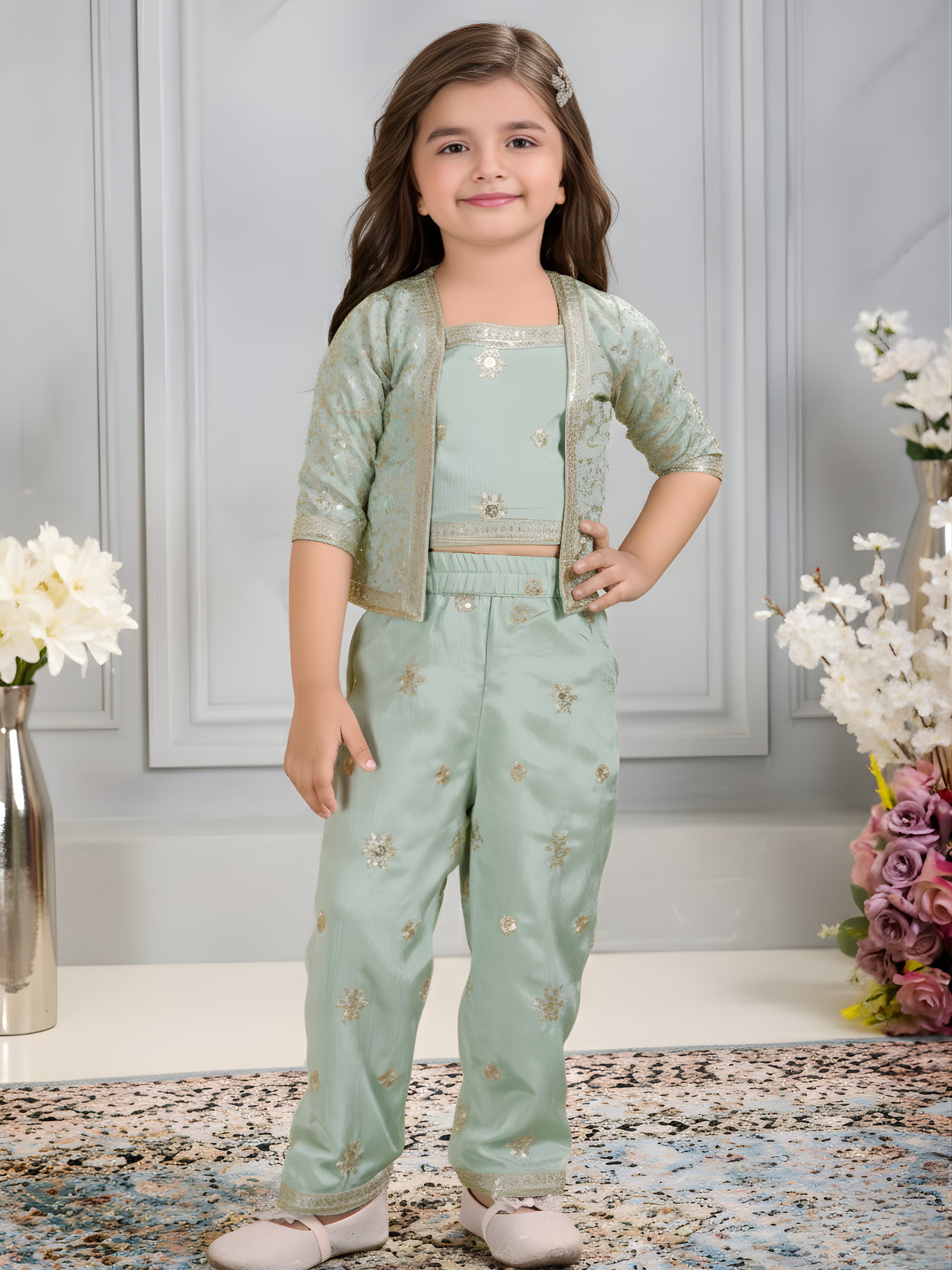 Girls' Sea Green & Gold Embroidered Sharara Set with Shrug