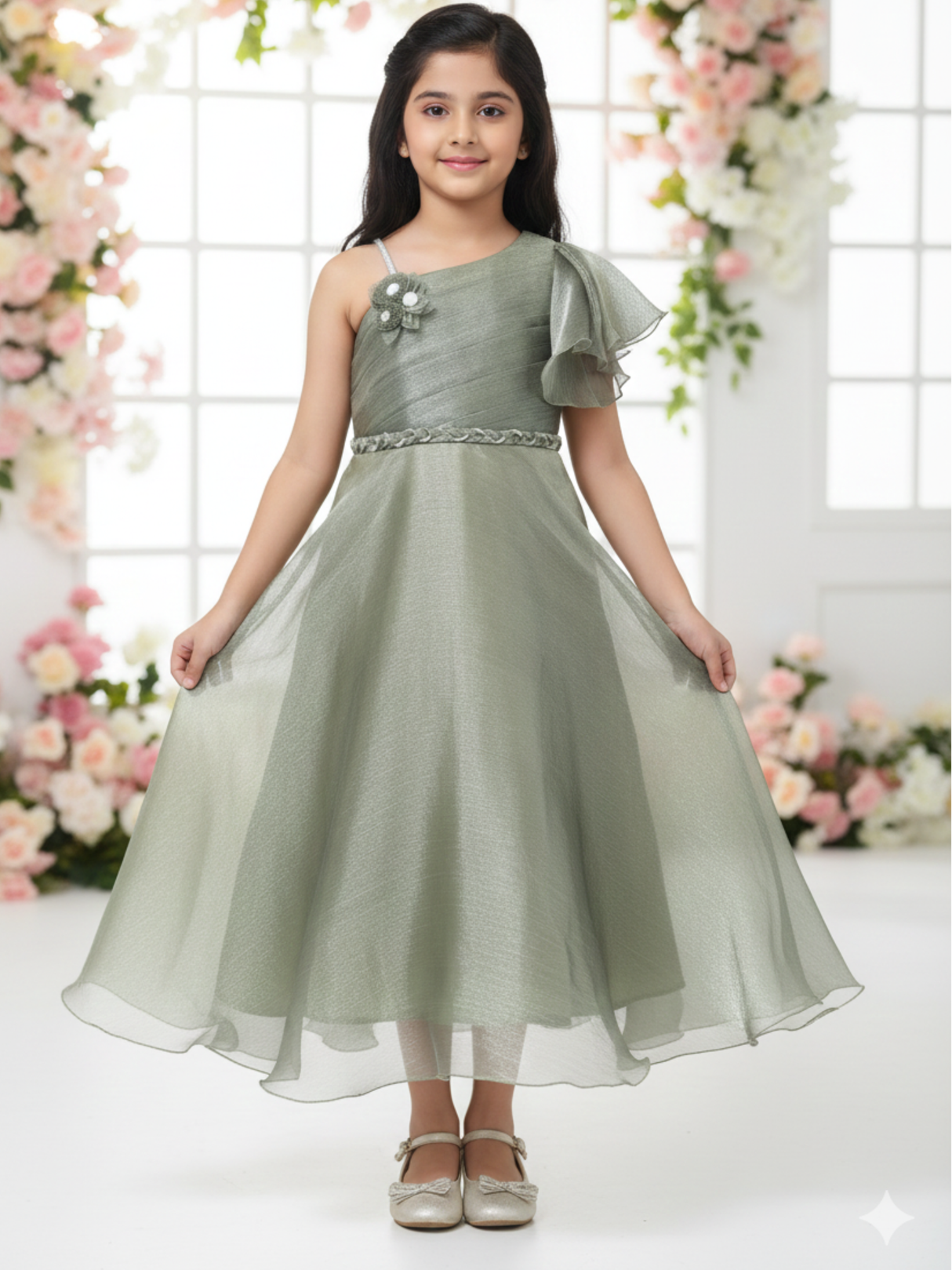 Girls Party Satin Western Gown With Work - Green