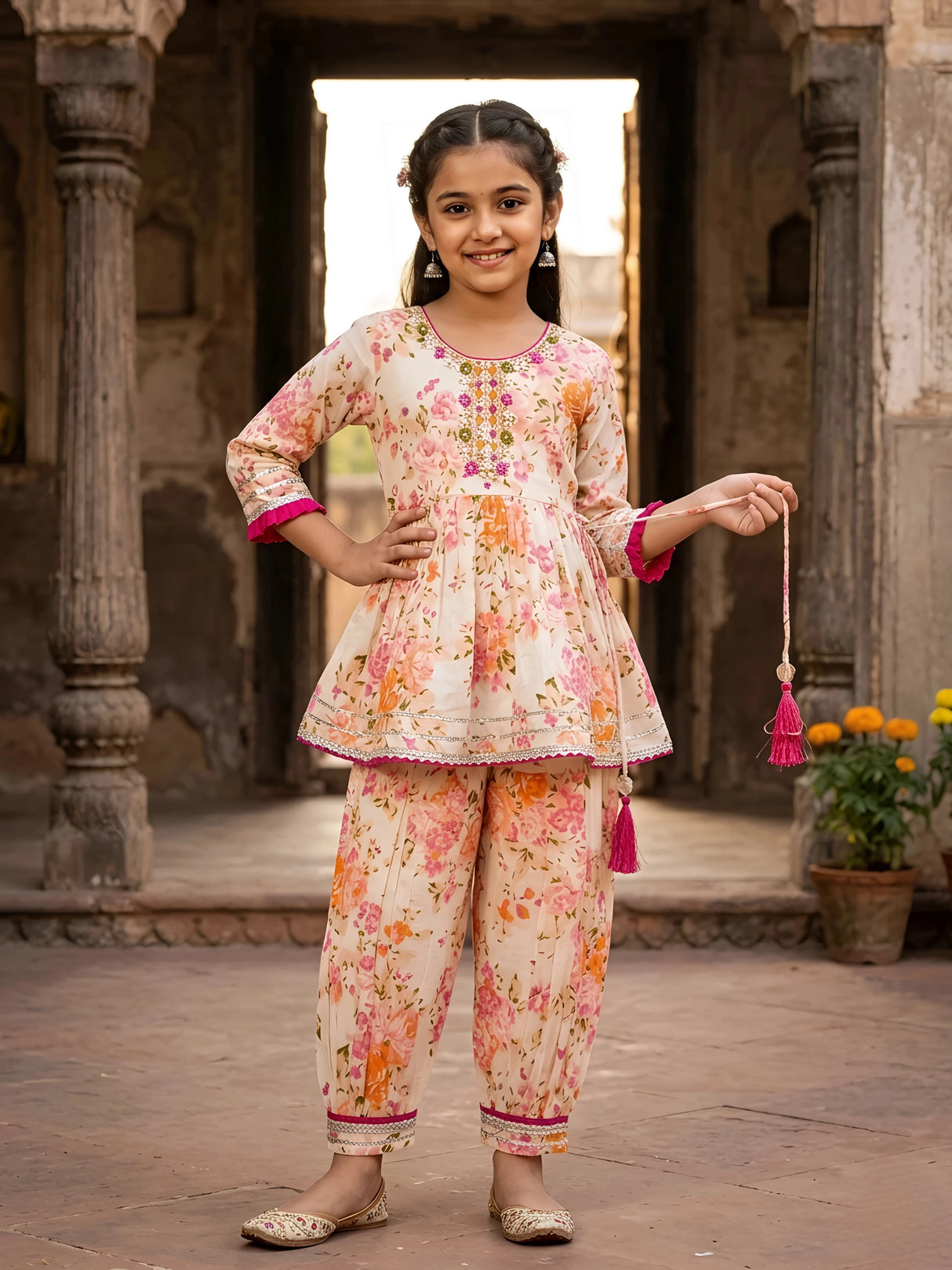 Girls Pink Floral Print Peplum Kurta and Pant Set