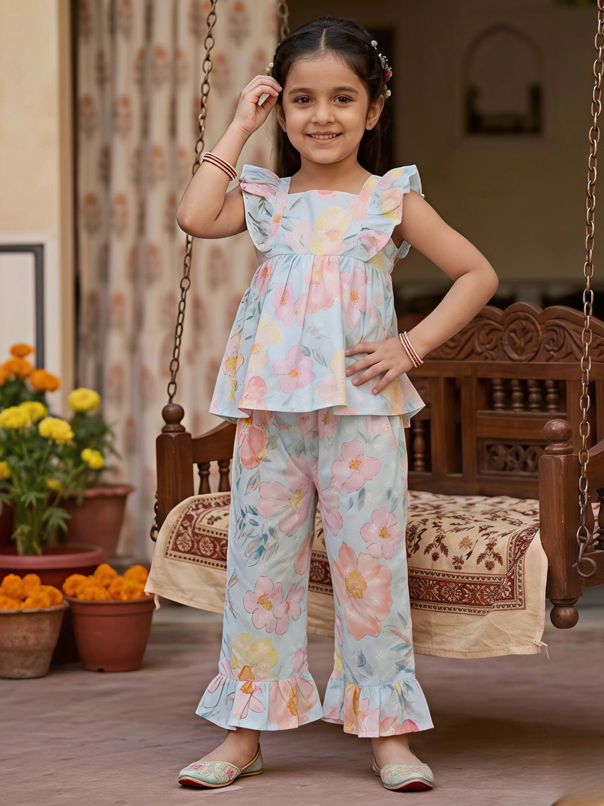Girls Light Blue Floral Print Ruffle Co-ord Set
