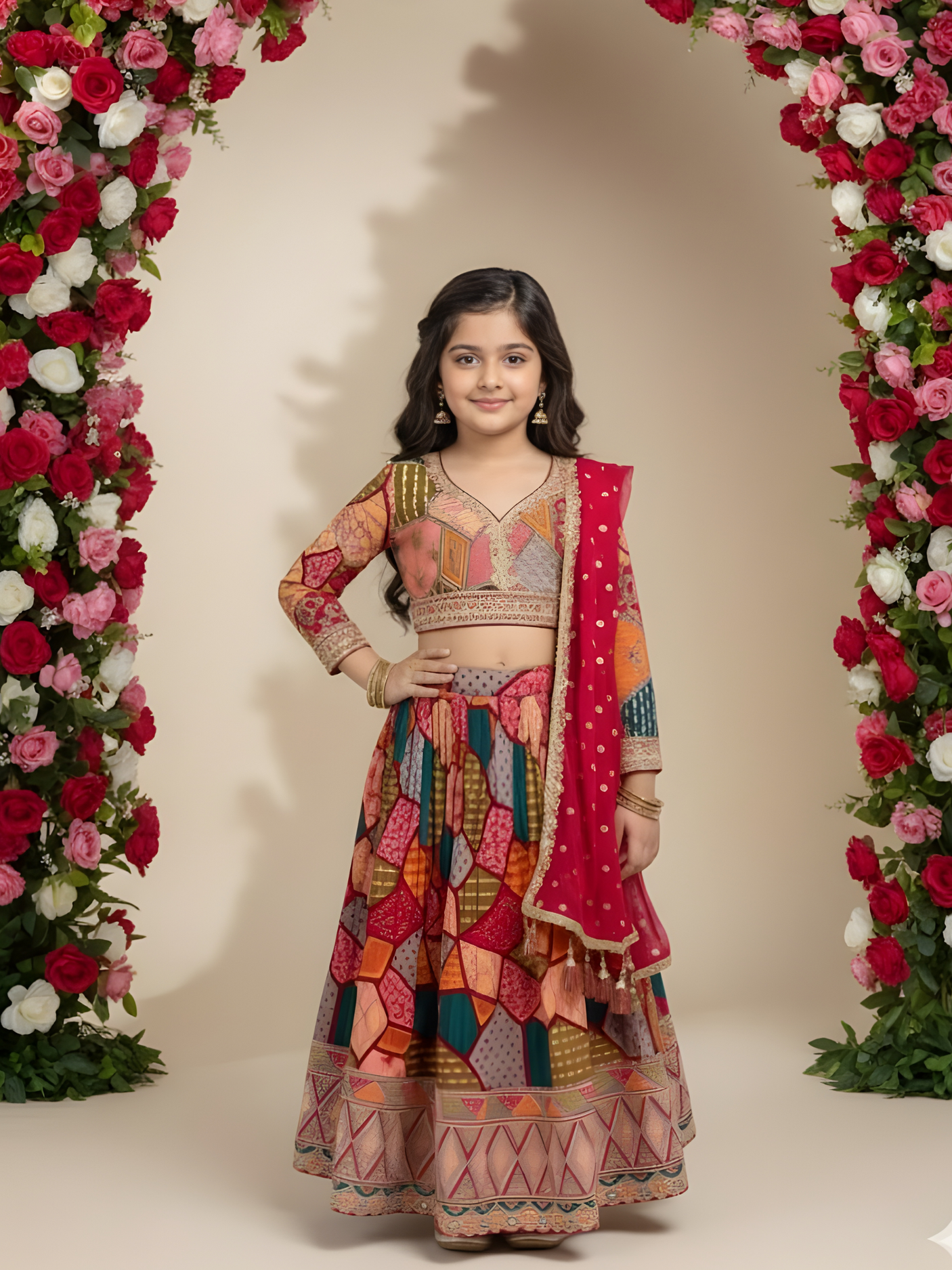 Girls' Deep Pink Floral Print Crop Top (Choli) and Striped Lehenga Set