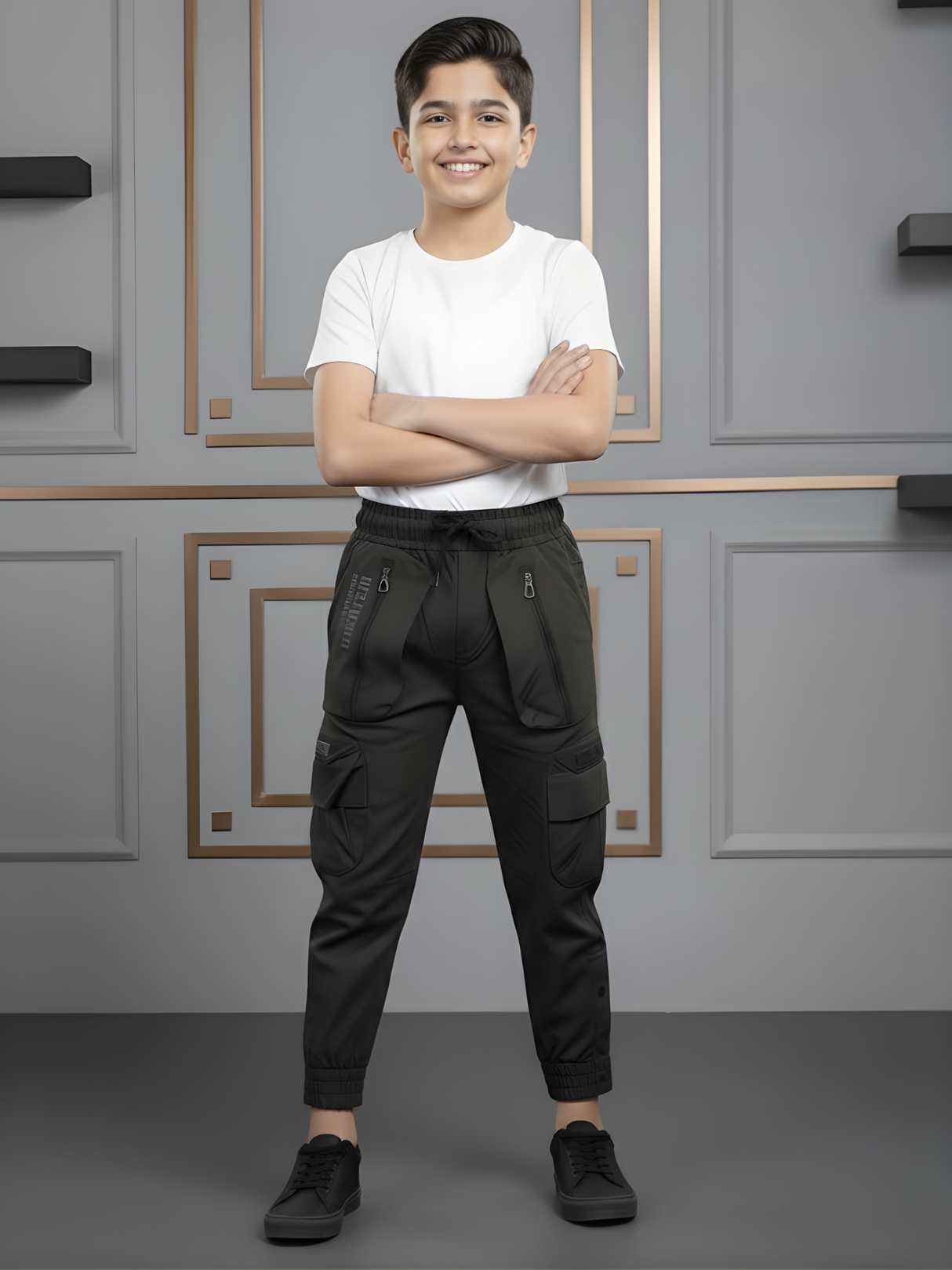 Boys' Urban Edge Black Multi-Pocket Tactical Cargo Track Pants