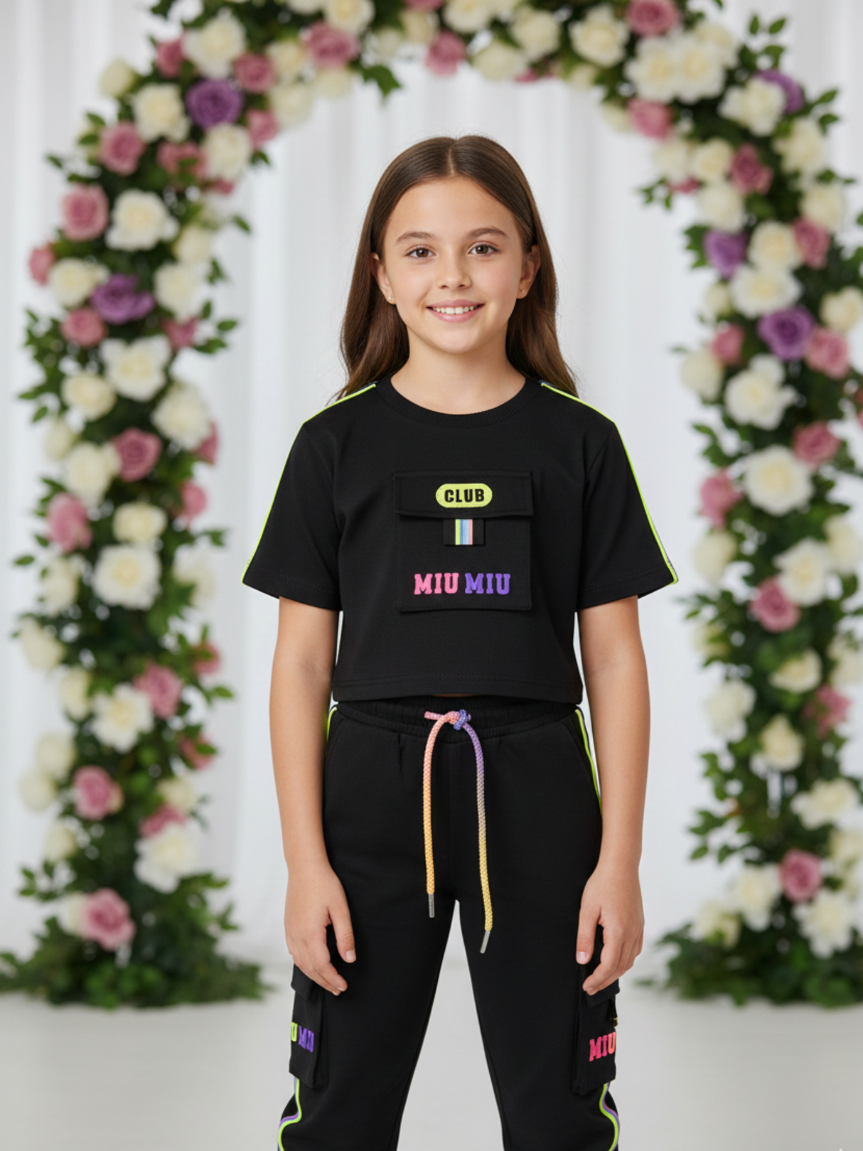Girls' Black Crop T-Shirt & Cargo Jogger Set | Rainbow Print Co-ord Set
