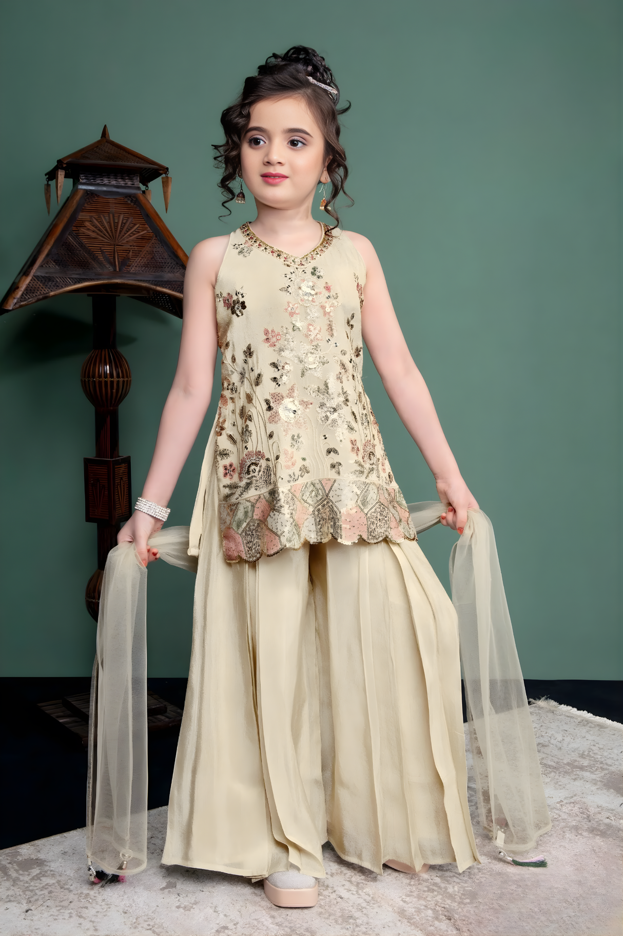 Girls' Elegant Cream Embroidered Peplum Sharara Set