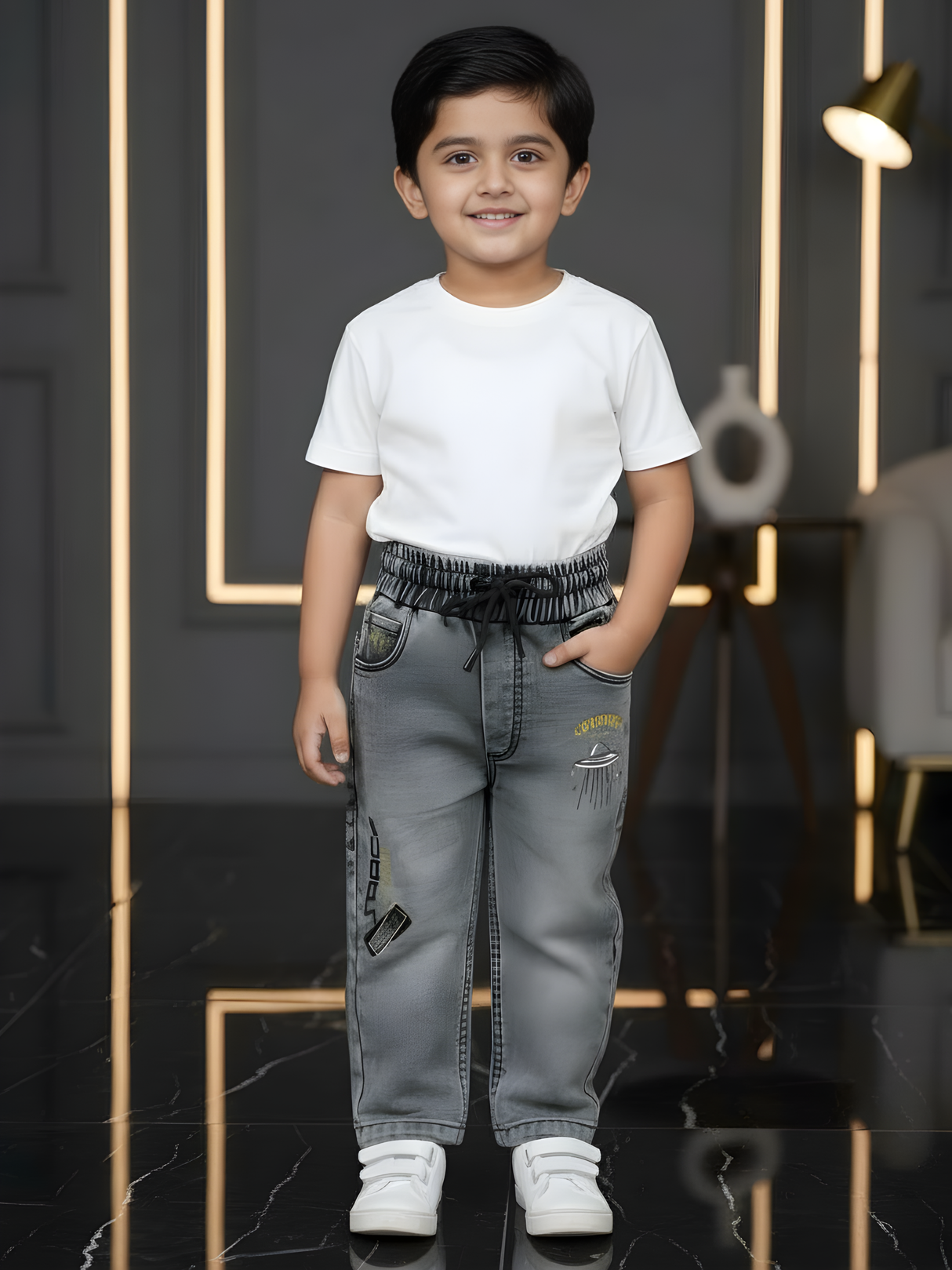 Boys' Grey Acid Wash Space Graphic Jogger Jeans.