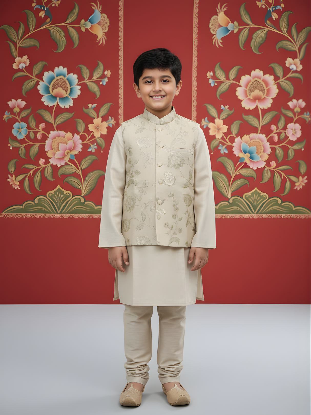 Boys' Cream Silk-Blend Kurta Pajama Jacket Set